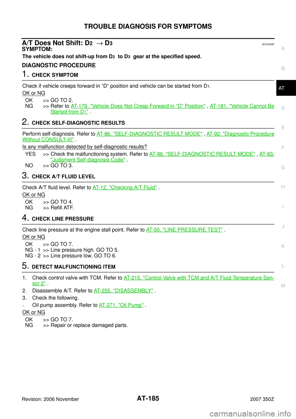 NISSAN 350Z 2007 Z33 Automatic Transmission Workshop Manual TROUBLE DIAGNOSIS FOR SYMPTOMS
AT-185
D
E
F
G
H
I
J
K
L
MA
B
AT
Revision: 2006 November2007 350Z
A/T Does Not Shift: D2  → D3NCS0008F
SYMPTOM:
The vehicle does not shift-up from D2  to D3  gear at t