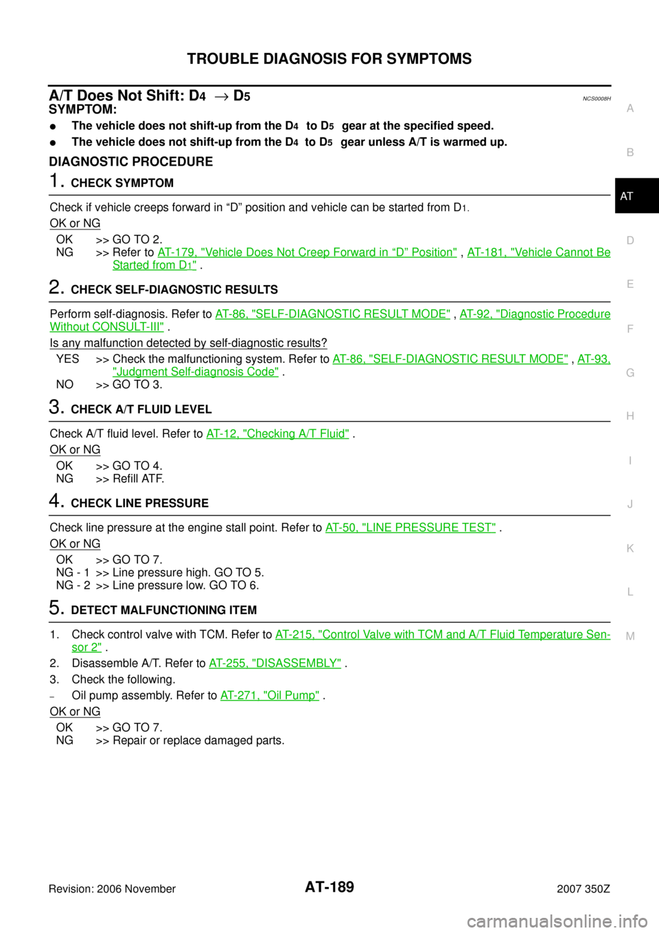 NISSAN 350Z 2007 Z33 Automatic Transmission Workshop Manual TROUBLE DIAGNOSIS FOR SYMPTOMS
AT-189
D
E
F
G
H
I
J
K
L
MA
B
AT
Revision: 2006 November2007 350Z
A/T Does Not Shift: D4  → D5NCS0008H
SYMPTOM:
The vehicle does not shift-up from the D4 to D5 gear a