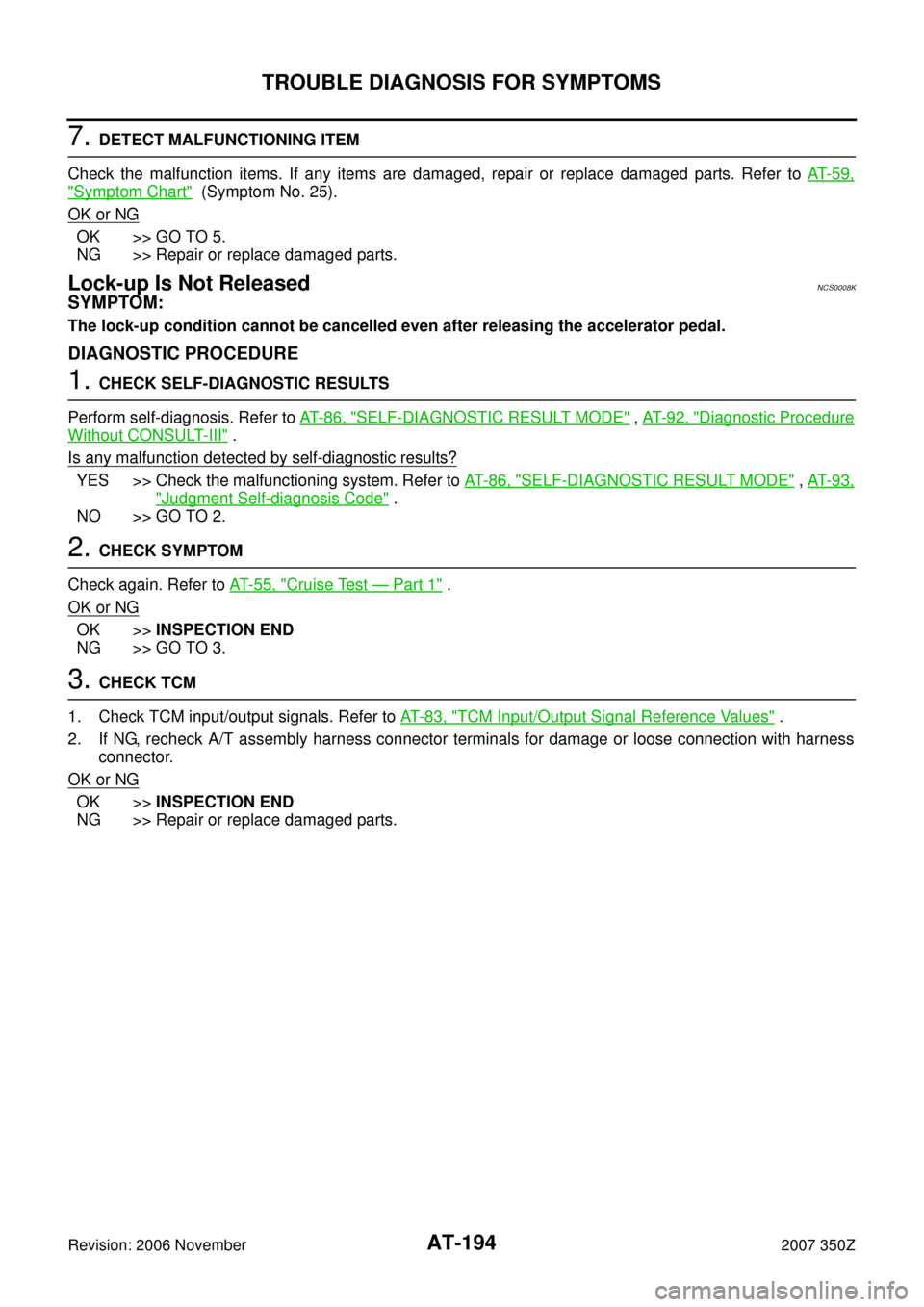 NISSAN 350Z 2007 Z33 Automatic Transmission Workshop Manual AT-194
TROUBLE DIAGNOSIS FOR SYMPTOMS
Revision: 2006 November2007 350Z
7. DETECT MALFUNCTIONING ITEM
Check the malfunction items. If any items are damaged, repair or replace damaged parts. Refer to AT