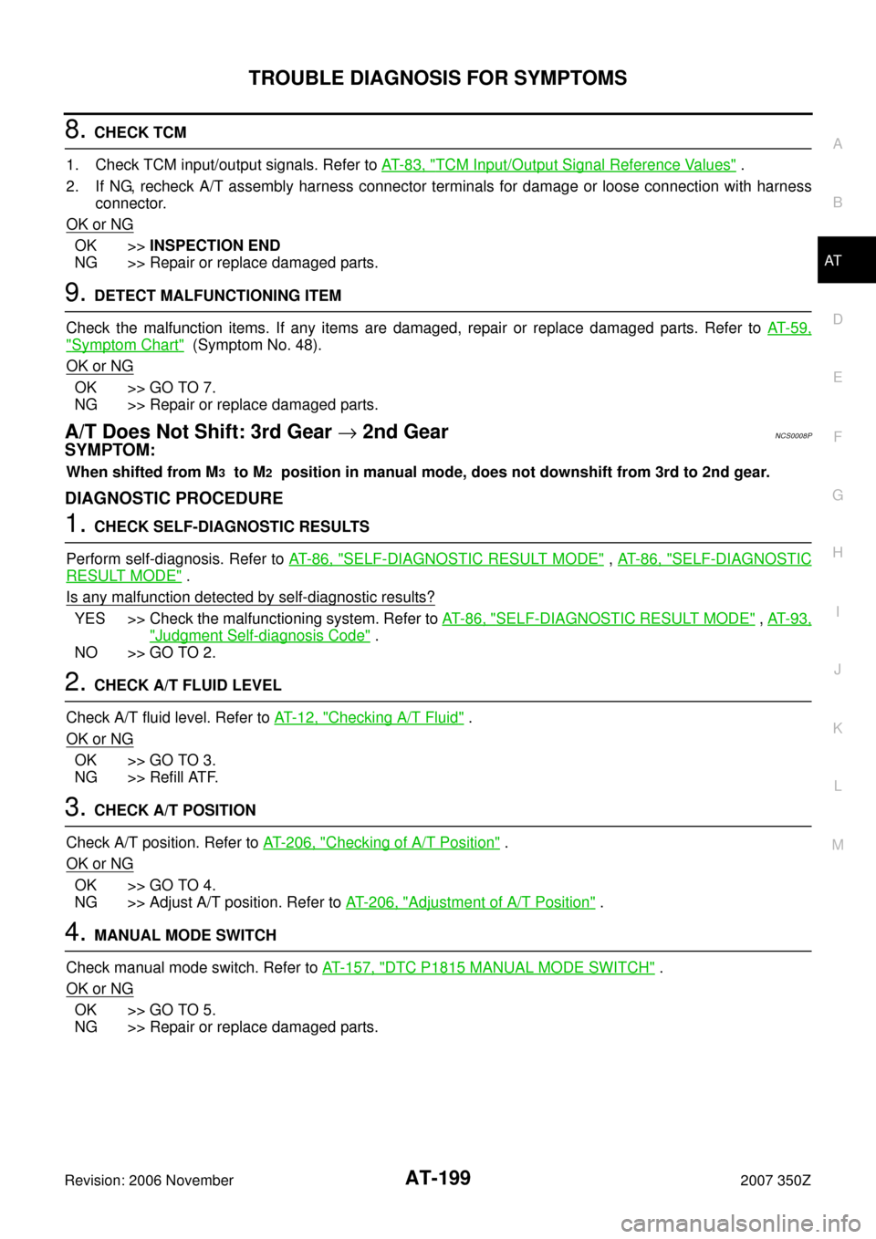NISSAN 350Z 2007 Z33 Automatic Transmission Workshop Manual TROUBLE DIAGNOSIS FOR SYMPTOMS
AT-199
D
E
F
G
H
I
J
K
L
MA
B
AT
Revision: 2006 November2007 350Z
8. CHECK TCM
1. Check TCM input/output signals. Refer to AT- 8 3 , "
TCM Input/Output Signal Reference NISSAN 350Z 2007 Z33 Automatic Transmission Workshop Manual TROUBLE DIAGNOSIS FOR SYMPTOMS
AT-199
D
E
F
G
H
I
J
K
L
MA
B
AT
Revision: 2006 November2007 350Z
8. CHECK TCM
1. Check TCM input/output signals. Refer to AT- 8 3 , "
TCM Input/Output Signal Reference