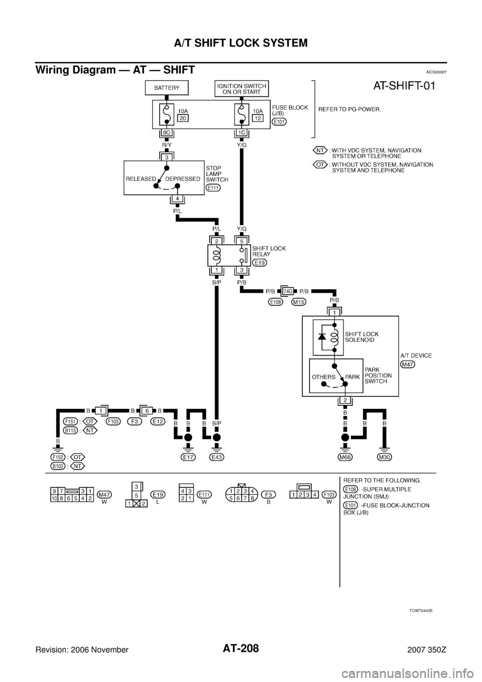 NISSAN 350Z 2007 Z33 Automatic Transmission Workshop Manual AT-208
A/T SHIFT LOCK SYSTEM
Revision: 2006 November2007 350Z
Wiring Diagram — AT — SHIFTNCS0008Y
TCWT0443E 