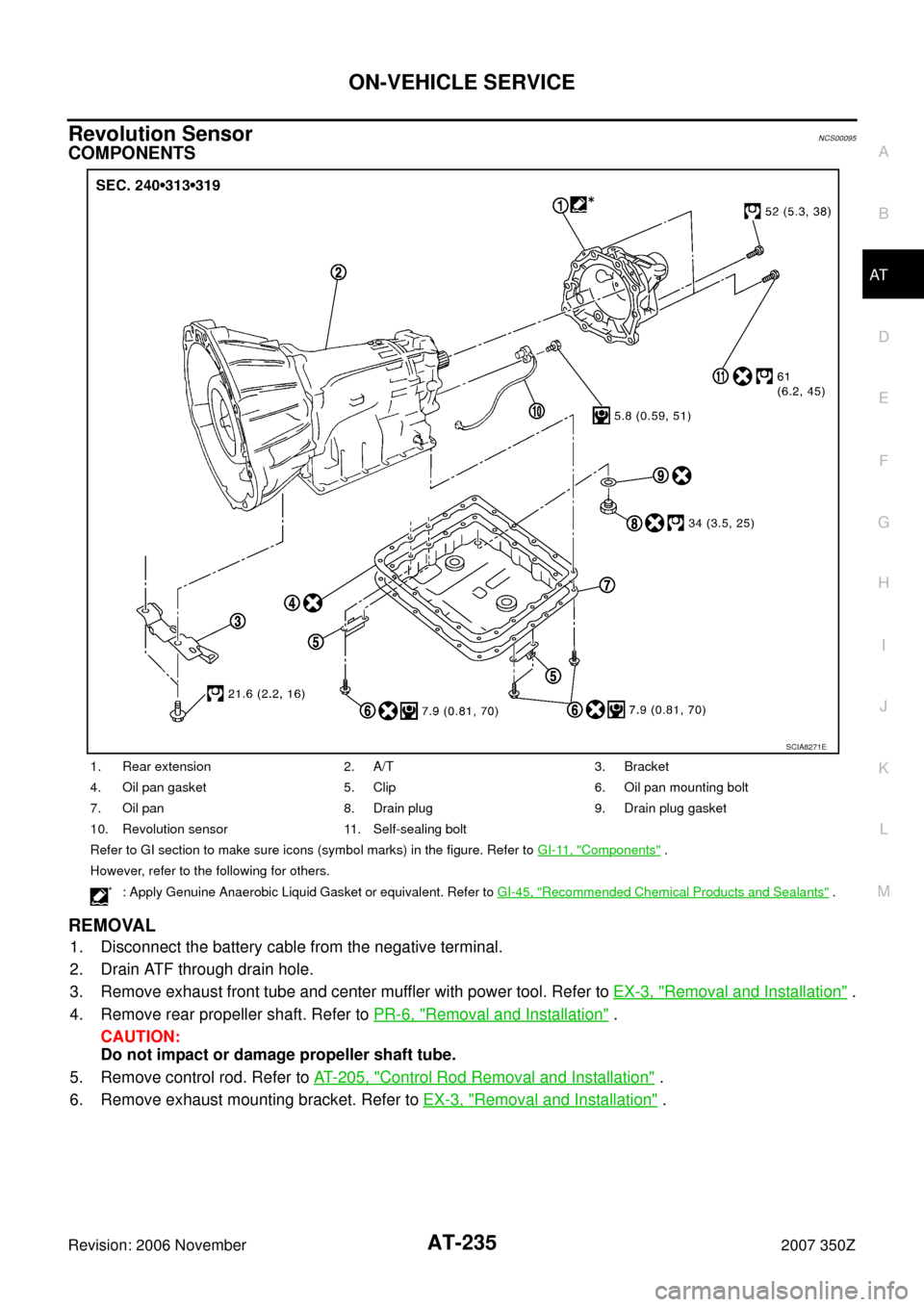 NISSAN 350Z 2007 Z33 Automatic Transmission Workshop Manual ON-VEHICLE SERVICE
AT-235
D
E
F
G
H
I
J
K
L
MA
B
AT
Revision: 2006 November2007 350Z
Revolution SensorNCS00095
COMPONENTS
REMOVAL
1. Disconnect the battery cable from the negative terminal.
2. Drain A