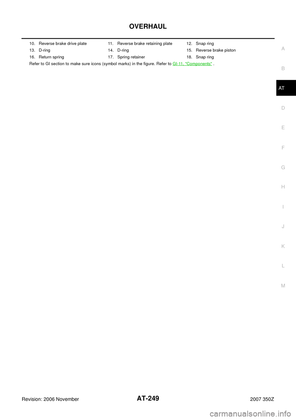 NISSAN 350Z 2007 Z33 Automatic Transmission Workshop Manual OVERHAUL
AT-249
D
E
F
G
H
I
J
K
L
MA
B
AT
Revision: 2006 November2007 350Z
10. Reverse brake drive plate 11. Reverse brake retaining plate 12. Snap ring
13. D-ring 14. D-ring 15. Reverse brake piston
