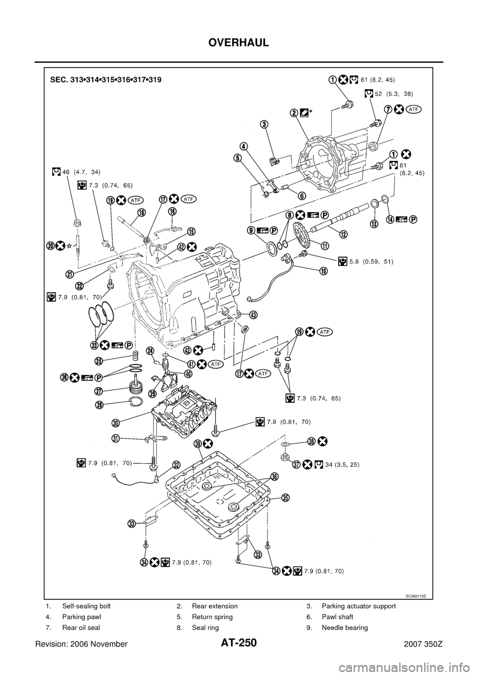 NISSAN 350Z 2007 Z33 Automatic Transmission Workshop Manual AT-250
OVERHAUL
Revision: 2006 November2007 350Z
1. Self-sealing bolt 2. Rear extension 3. Parking actuator support
4. Parking pawl 5. Return spring 6. Pawl shaft
7. Rear oil seal 8. Seal ring 9. Need