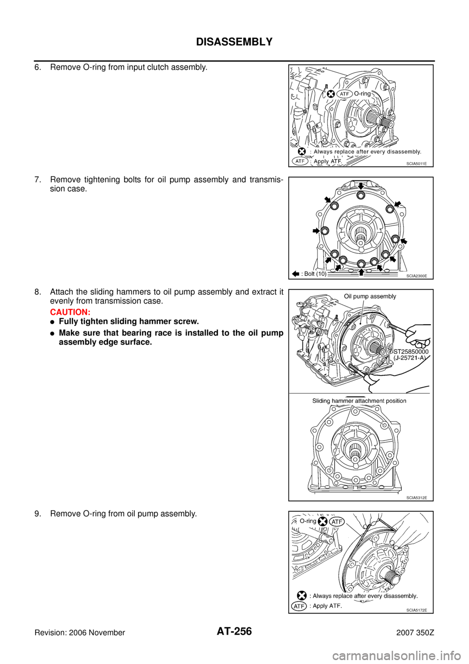 NISSAN 350Z 2007 Z33 Automatic Transmission Owners Manual AT-256
DISASSEMBLY
Revision: 2006 November2007 350Z
6. Remove O-ring from input clutch assembly.
7. Remove tightening bolts for oil pump assembly and transmis-
sion case.
8. Attach the sliding hammers