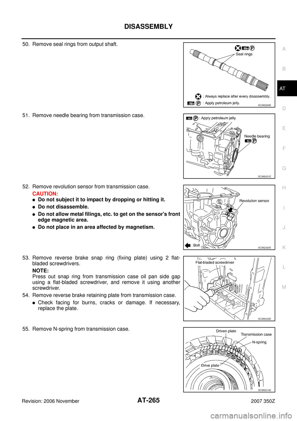 NISSAN 350Z 2007 Z33 Automatic Transmission Owners Manual DISASSEMBLY
AT-265
D
E
F
G
H
I
J
K
L
MA
B
AT
Revision: 2006 November2007 350Z
50. Remove seal rings from output shaft.
51. Remove needle bearing from transmission case.
52. Remove revolution sensor fr