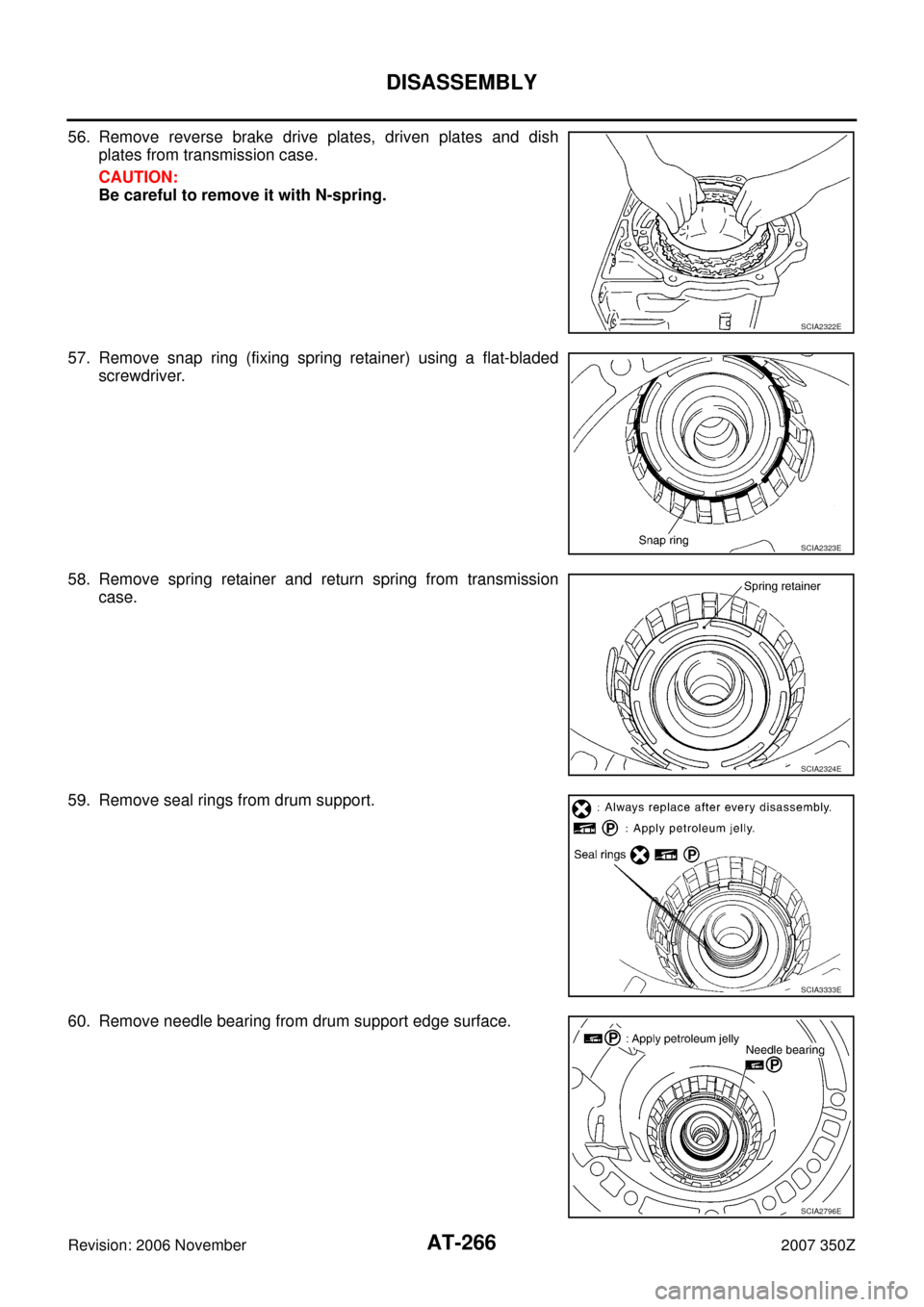 NISSAN 350Z 2007 Z33 Automatic Transmission Workshop Manual AT-266
DISASSEMBLY
Revision: 2006 November2007 350Z
56. Remove reverse brake drive plates, driven plates and dish
plates from transmission case.
CAUTION:
Be careful to remove it with N-spring.
57. Rem