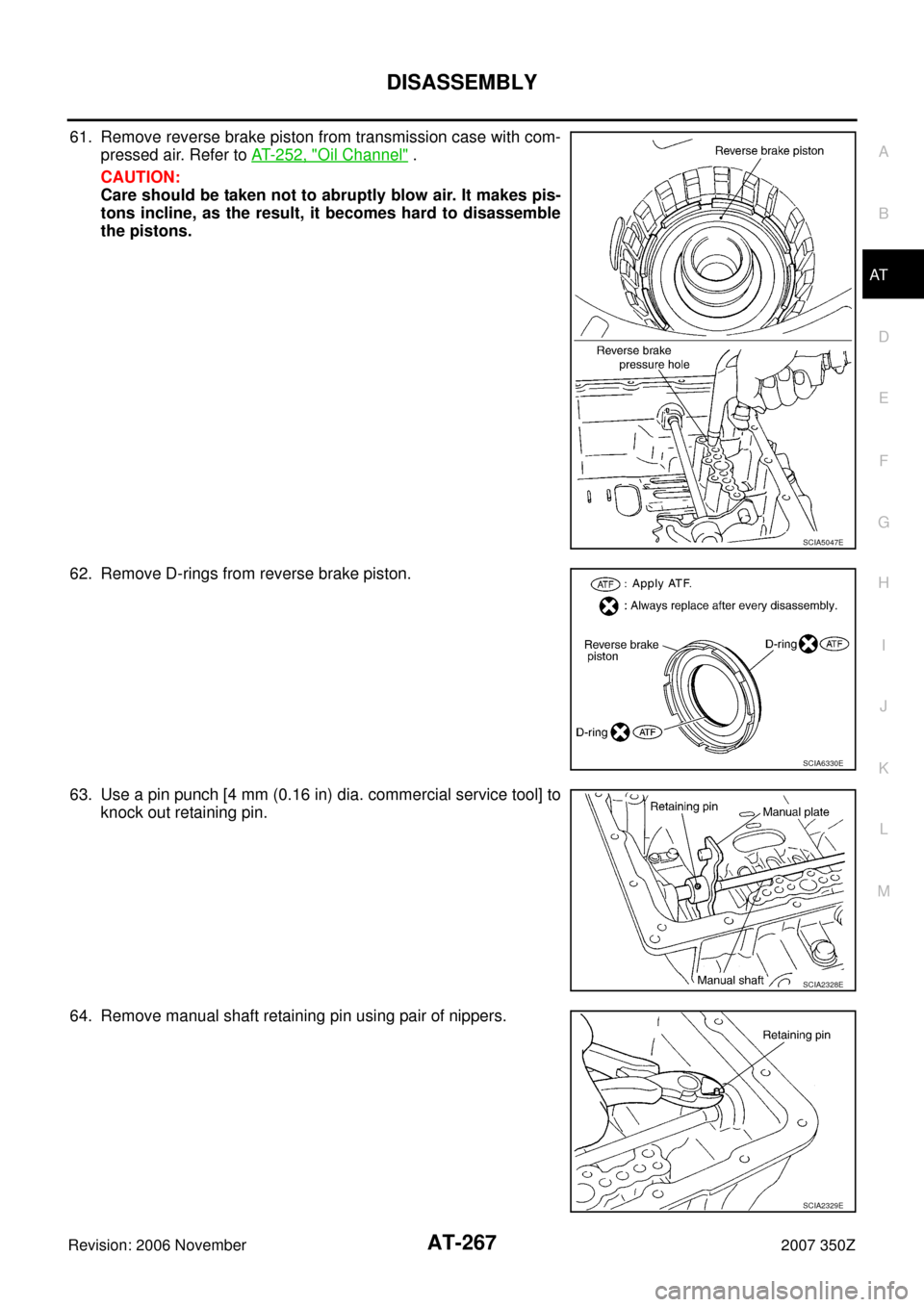 NISSAN 350Z 2007 Z33 Automatic Transmission Owners Manual DISASSEMBLY
AT-267
D
E
F
G
H
I
J
K
L
MA
B
AT
Revision: 2006 November2007 350Z
61. Remove reverse brake piston from transmission case with com-
pressed air. Refer to AT- 2 5 2 ,  "
Oil Channel" .
CAUTI