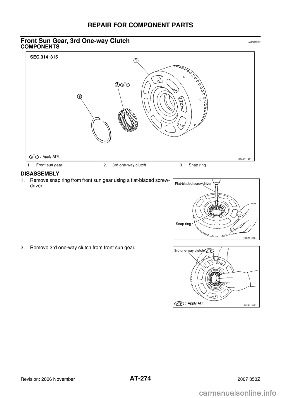 NISSAN 350Z 2007 Z33 Automatic Transmission Workshop Manual AT-274
REPAIR FOR COMPONENT PARTS
Revision: 2006 November2007 350Z
Front Sun Gear, 3rd One-way ClutchNCS0009D
COMPONENTS
DISASSEMBLY
1. Remove snap ring from front sun gear using a flat-bladed screw-
