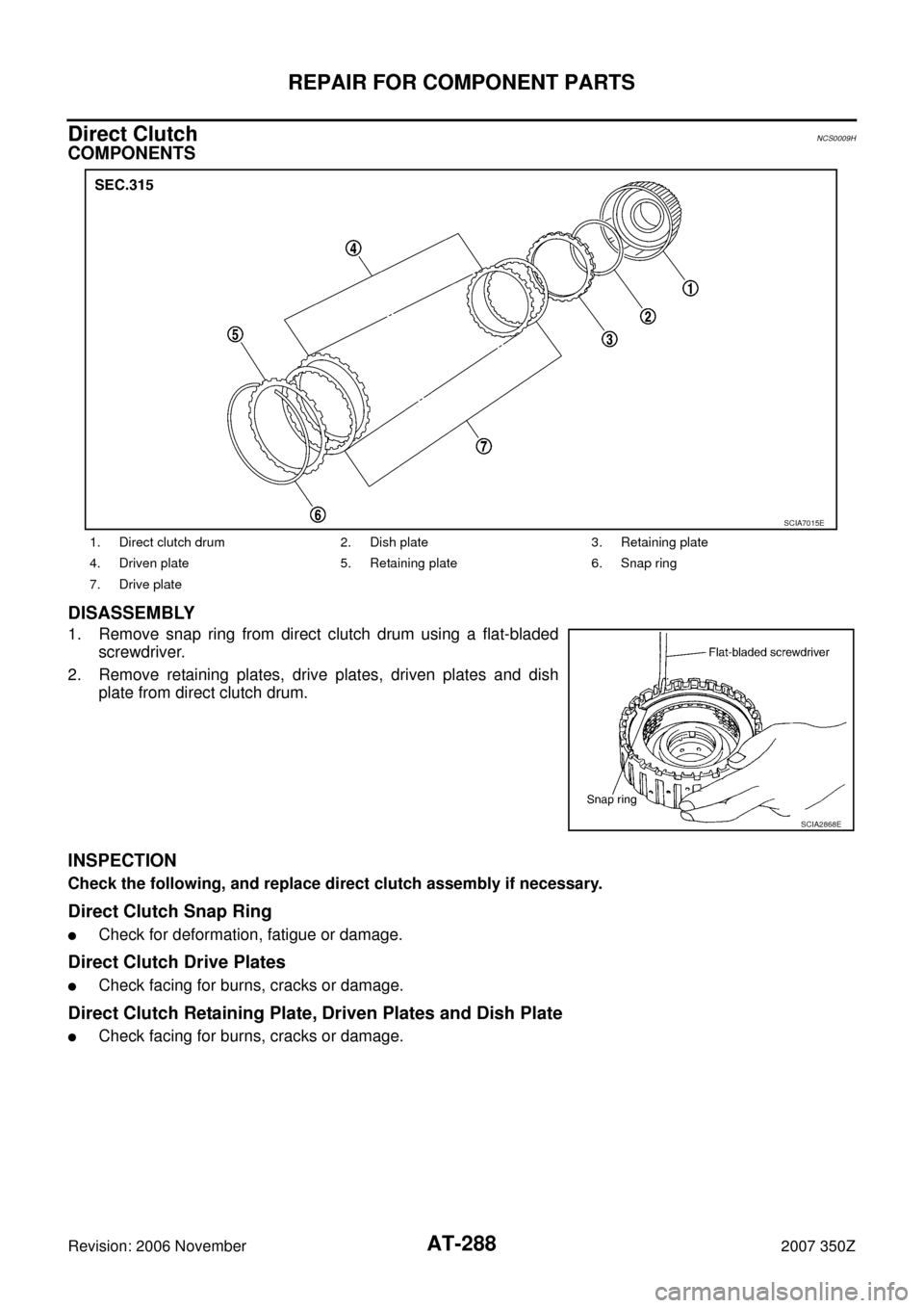 NISSAN 350Z 2007 Z33 Automatic Transmission Workshop Manual AT-288
REPAIR FOR COMPONENT PARTS
Revision: 2006 November2007 350Z
Direct ClutchNCS0009H
COMPONENTS
DISASSEMBLY
1. Remove snap ring from direct clutch drum using a flat-bladed
screwdriver.
2. Remove r