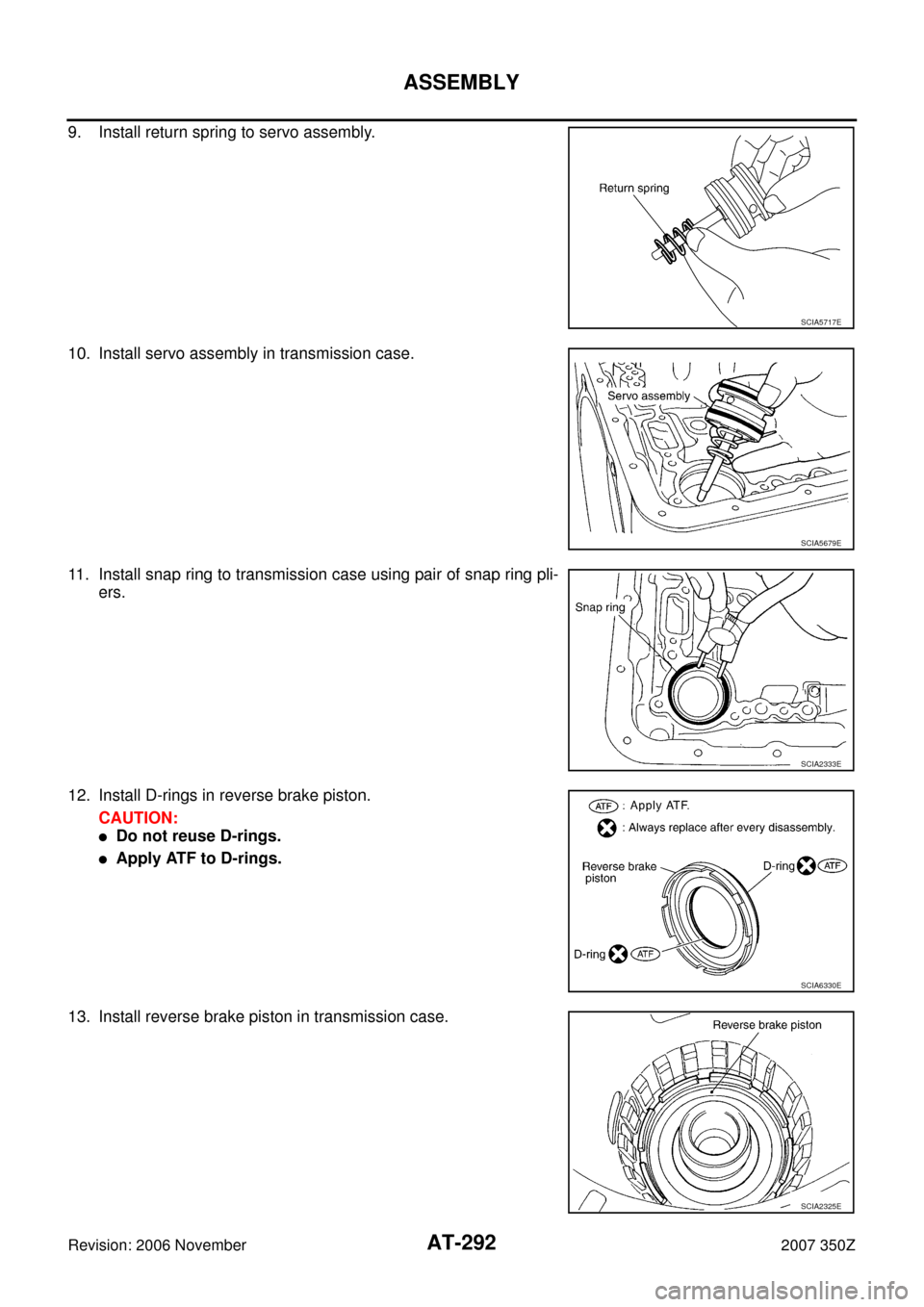 NISSAN 350Z 2007 Z33 Automatic Transmission Workshop Manual AT-292
ASSEMBLY
Revision: 2006 November2007 350Z
9. Install return spring to servo assembly.
10. Install servo assembly in transmission case.
11. Install snap ring to transmission case using pair of s