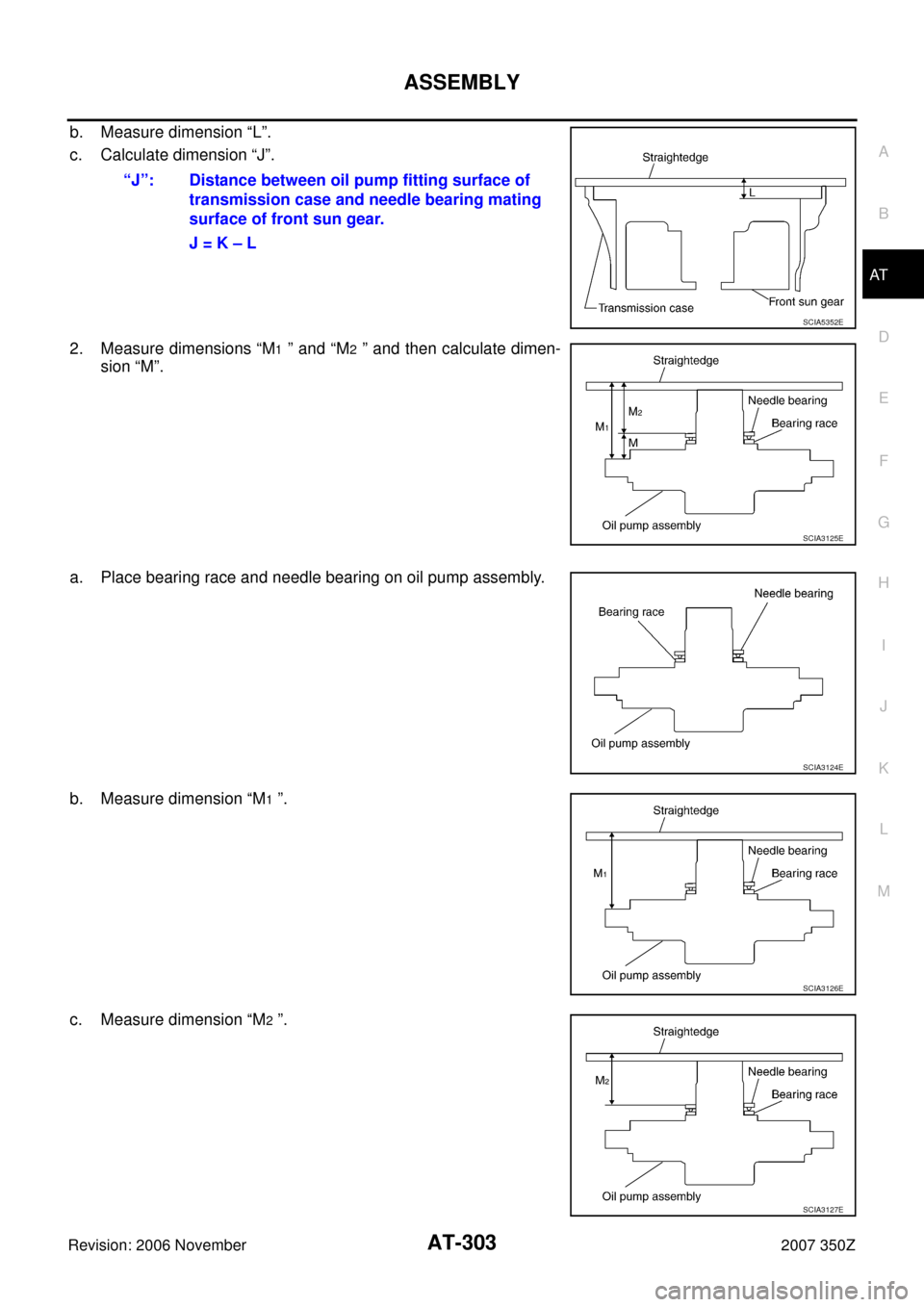NISSAN 350Z 2007 Z33 Automatic Transmission Workshop Manual ASSEMBLY
AT-303
D
E
F
G
H
I
J
K
L
MA
B
AT
Revision: 2006 November2007 350Z
b. Measure dimension “L”.
c. Calculate dimension “J”.
2. Measure dimensions “M
1 ” and “M2 ” and then calcula