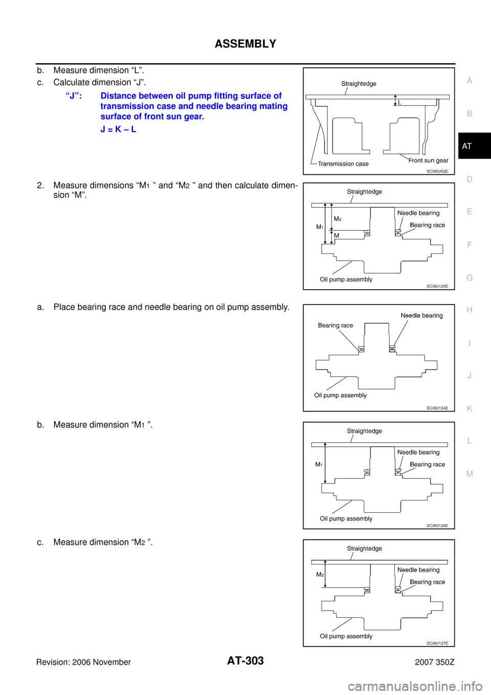 NISSAN 350Z 2007 Z33 Automatic Transmission Workshop Manual ASSEMBLY
AT-303
D
E
F
G
H
I
J
K
L
MA
B
AT
Revision: 2006 November2007 350Z
b. Measure dimension “L”.
c. Calculate dimension “J”.
2. Measure dimensions “M
1 ” and “M2 ” and then calcula NISSAN 350Z 2007 Z33 Automatic Transmission Workshop Manual ASSEMBLY
AT-303
D
E
F
G
H
I
J
K
L
MA
B
AT
Revision: 2006 November2007 350Z
b. Measure dimension “L”.
c. Calculate dimension “J”.
2. Measure dimensions “M
1 ” and “M2 ” and then calcula