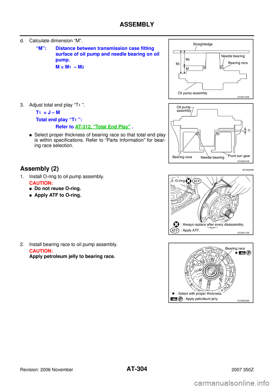 NISSAN 350Z 2007 Z33 Automatic Transmission Workshop Manual AT-304
ASSEMBLY
Revision: 2006 November2007 350Z
d. Calculate dimension “M”.
3. Adjust total end play “T
1 ”.
Select proper thickness of bearing race so that total end play
is within specific