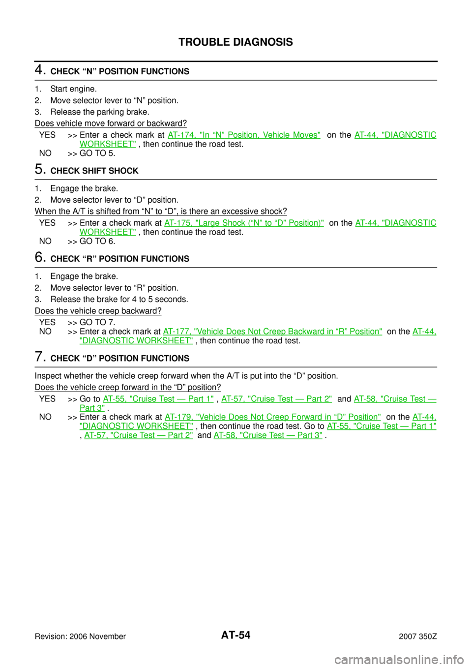 NISSAN 350Z 2007 Z33 Automatic Transmission Repair Manual AT-54
TROUBLE DIAGNOSIS
Revision: 2006 November2007 350Z
4. CHECK “N” POSITION FUNCTIONS
1. Start engine.
2. Move selector lever to “N” position.
3. Release the parking brake.
Does vehicle mov