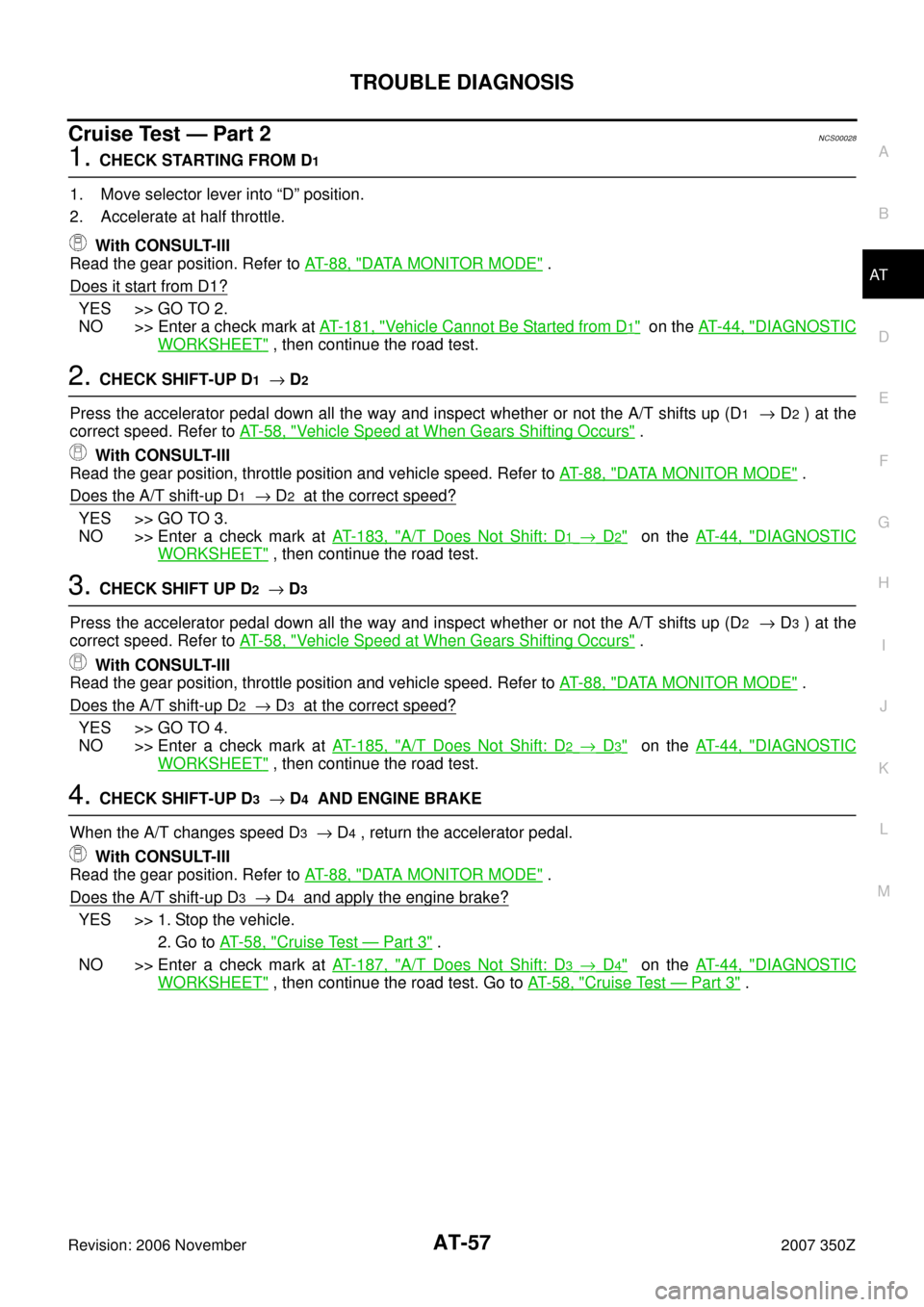 NISSAN 350Z 2007 Z33 Automatic Transmission Workshop Manual TROUBLE DIAGNOSIS
AT-57
D
E
F
G
H
I
J
K
L
MA
B
AT
Revision: 2006 November2007 350Z
Cruise Test — Part 2NCS00028
1. CHECK STARTING FROM D1
1. Move selector lever into “D” position.
2. Accelerate 