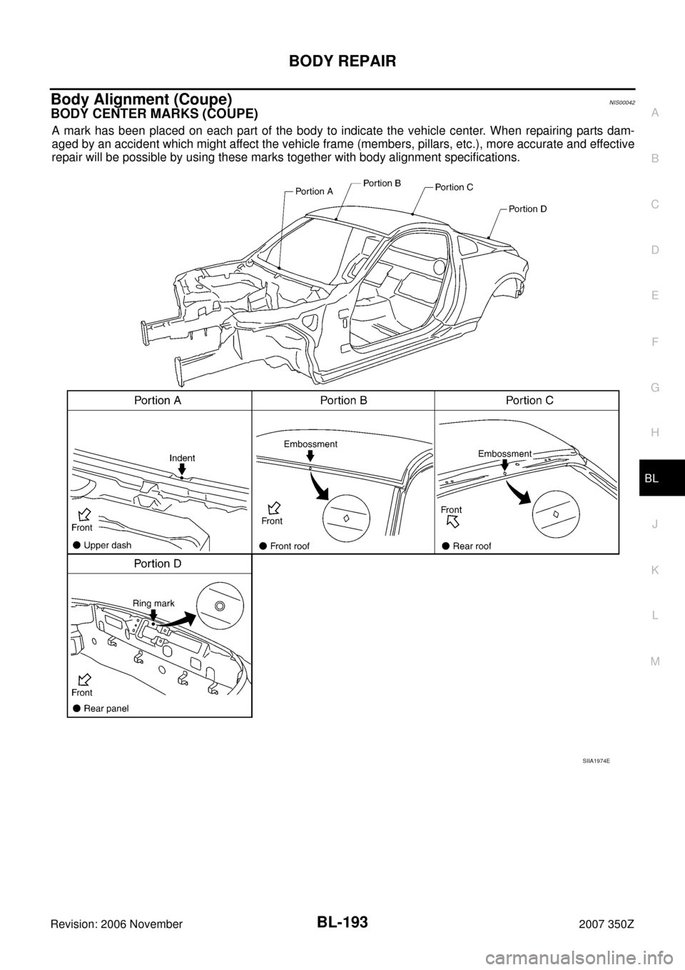 NISSAN 350Z 2007 Z33 Body, Lock And Security System Workshop Manual BODY REPAIR
BL-193
C
D
E
F
G
H
J
K
L
MA
B
BL
Revision: 2006 November2007 350Z
Body Alignment (Coupe)NIS00042
BODY CENTER MARKS (COUPE)
A mark has been placed on each part of the body to indicate the v