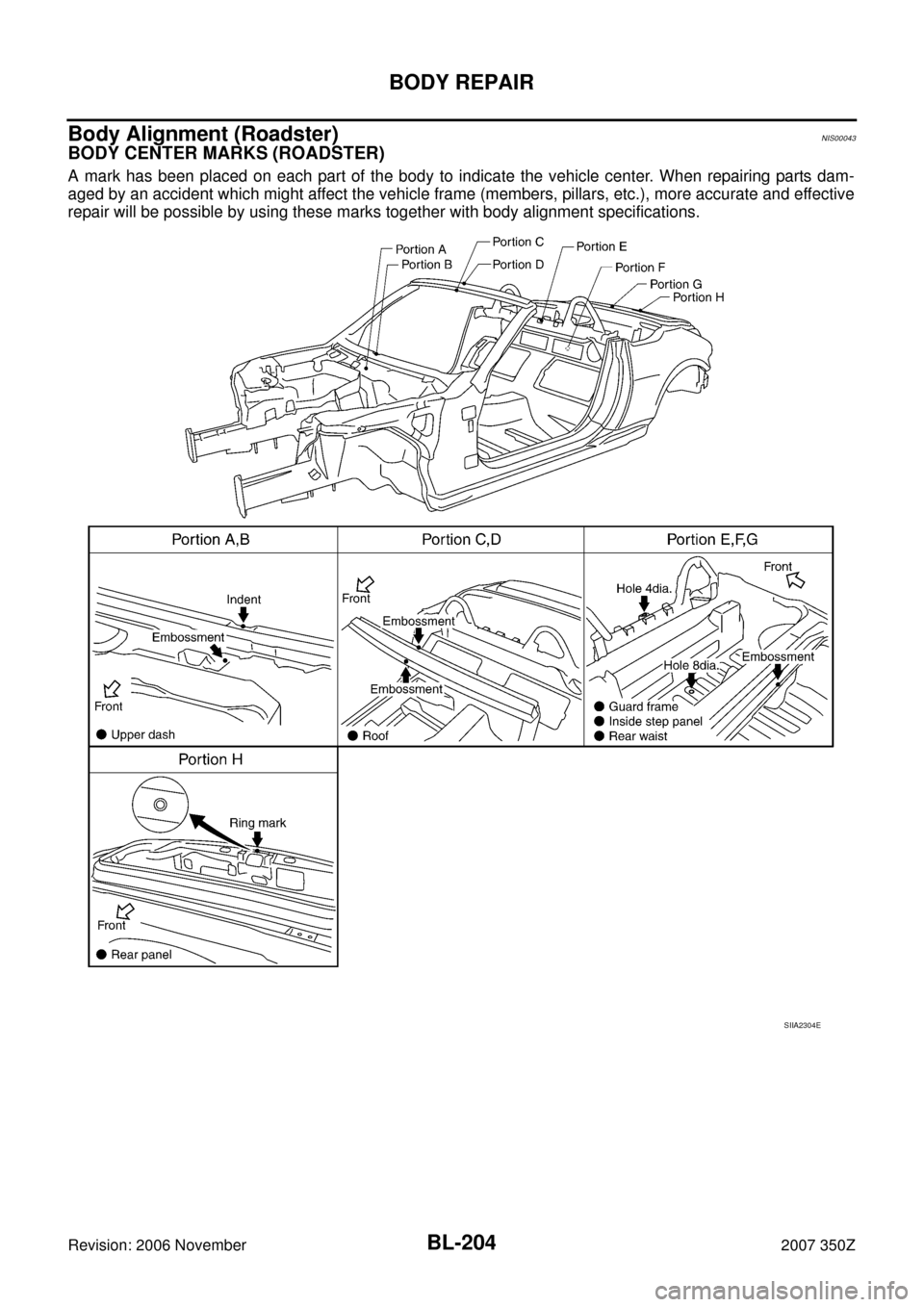 NISSAN 350Z 2007 Z33 Body, Lock And Security System Workshop Manual BL-204
BODY REPAIR
Revision: 2006 November2007 350Z
Body Alignment (Roadster)NIS00043
BODY CENTER MARKS (ROADSTER)
A mark has been placed on each part of the body to indicate the vehicle center. When 