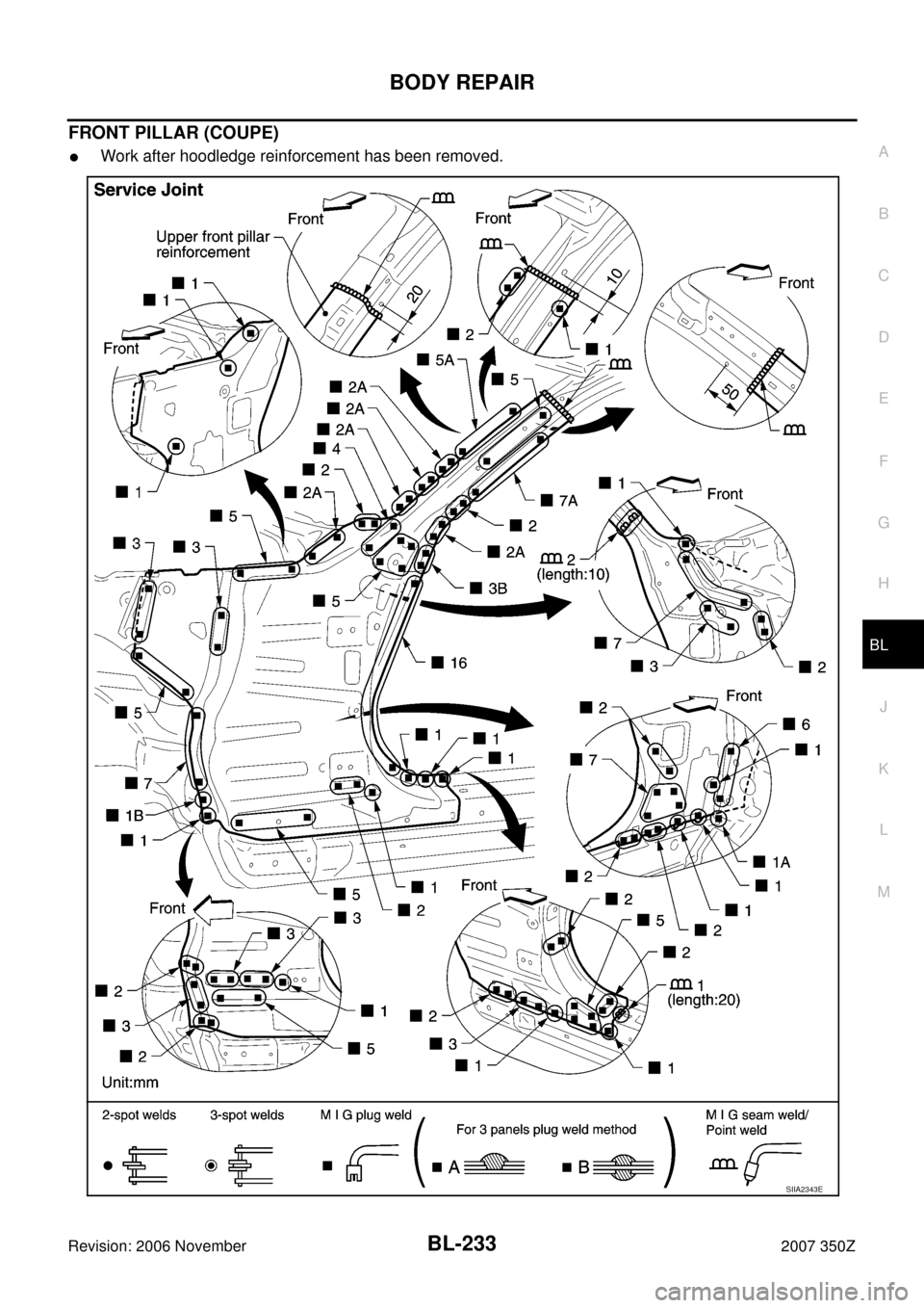 NISSAN 350Z 2007 Z33 Body, Lock And Security System Workshop Manual BODY REPAIR
BL-233
C
D
E
F
G
H
J
K
L
MA
B
BL
Revision: 2006 November2007 350Z
FRONT PILLAR (COUPE)
Work after hoodledge reinforcement has been removed.
SIIA2343E 