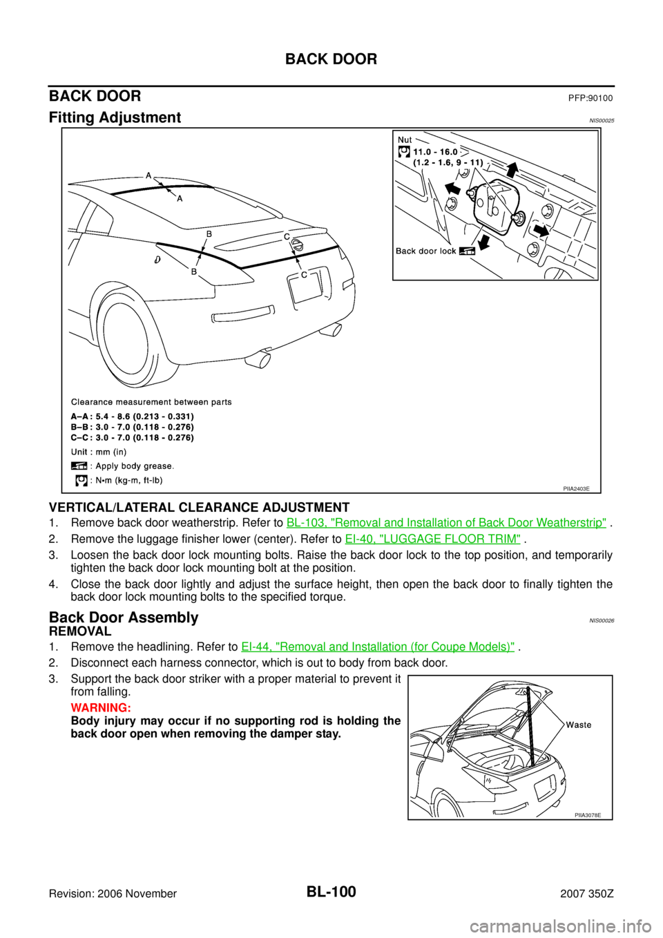 NISSAN 350Z 2007 Z33 Body, Lock And Security System Owners Manual BL-100
BACK DOOR
Revision: 2006 November2007 350Z
BACK DOORPFP:90100
Fitting AdjustmentNIS00025
VERTICAL/LATERAL CLEARANCE ADJUSTMENT
1. Remove back door weatherstrip. Refer to BL-103, "Removal and In