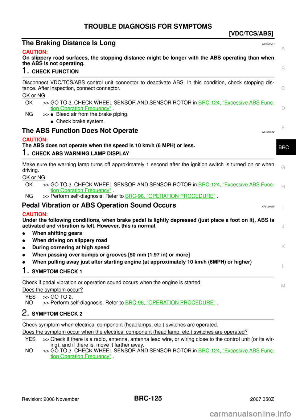 NISSAN 350Z 2007 Z33 Brake Control System Workshop Manual TROUBLE DIAGNOSIS FOR SYMPTOMS
BRC-125
[VDC/TCS/ABS]
C
D
E
G
H
I
J
K
L
MA
B
BRC
Revision: 2006 November2007 350Z
The Braking Distance Is LongNFS0004U
CAUTION:
On slippery road surfaces, the stopping d
