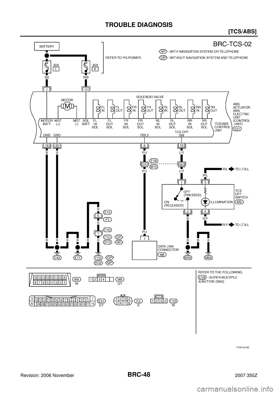 NISSAN 350Z 2007 Z33 Brake Control System Service Manual BRC-48
[TCS/ABS]
TROUBLE DIAGNOSIS
Revision: 2006 November2007 350Z
TFWT0378E 