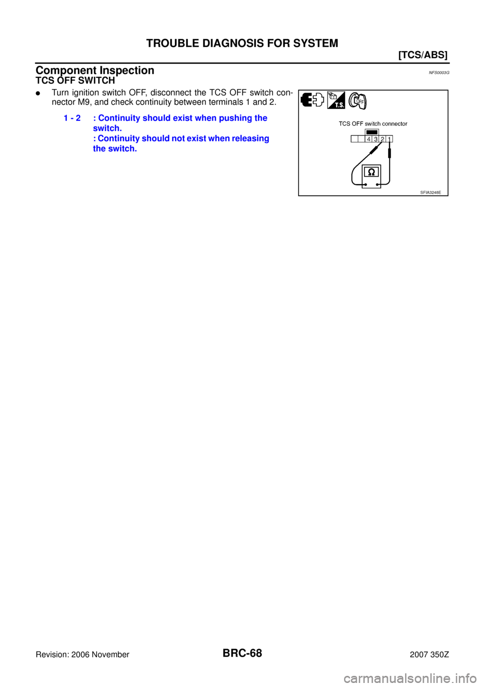 NISSAN 350Z 2007 Z33 Brake Control System Repair Manual BRC-68
[TCS/ABS]
TROUBLE DIAGNOSIS FOR SYSTEM
Revision: 2006 November2007 350Z
Component InspectionNFS0003G
TCS OFF SWITCH
Turn ignition switch OFF, disconnect the TCS OFF switch con-
nector M9, and 