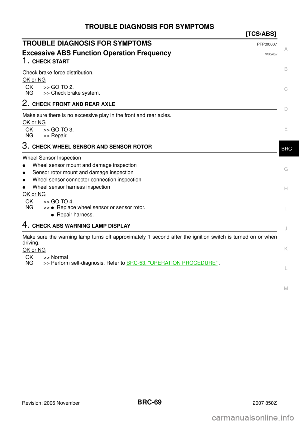 NISSAN 350Z 2007 Z33 Brake Control System Repair Manual TROUBLE DIAGNOSIS FOR SYMPTOMS
BRC-69
[TCS/ABS]
C
D
E
G
H
I
J
K
L
MA
B
BRC
Revision: 2006 November2007 350Z
TROUBLE DIAGNOSIS FOR SYMPTOMSPFP:00007
Excessive ABS Function Operation FrequencyNFS0003H
1