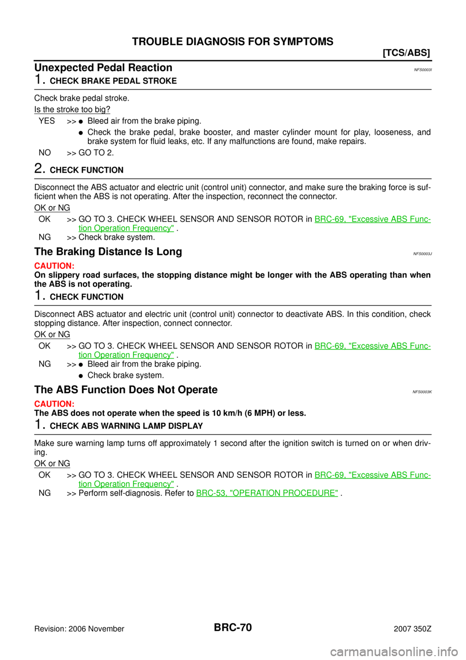 NISSAN 350Z 2007 Z33 Brake Control System Repair Manual BRC-70
[TCS/ABS]
TROUBLE DIAGNOSIS FOR SYMPTOMS
Revision: 2006 November2007 350Z
Unexpected Pedal ReactionNFS0003I
1. CHECK BRAKE PEDAL STROKE
Check brake pedal stroke.
Is the stroke too big?
YES >>B
