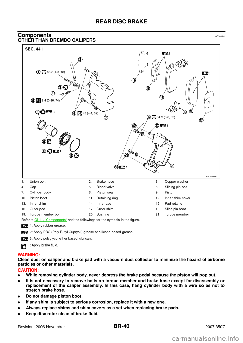 NISSAN 350Z 2007 Z33 Brake System Workshop Manual BR-40
REAR DISC BRAKE
Revision: 2006 November2007 350Z
ComponentsNFS00010
OTHER THAN BREMBO CALIPERS
WARNING:
Clean dust on caliper and brake pad with a vacuum dust collector to minimize the hazard of