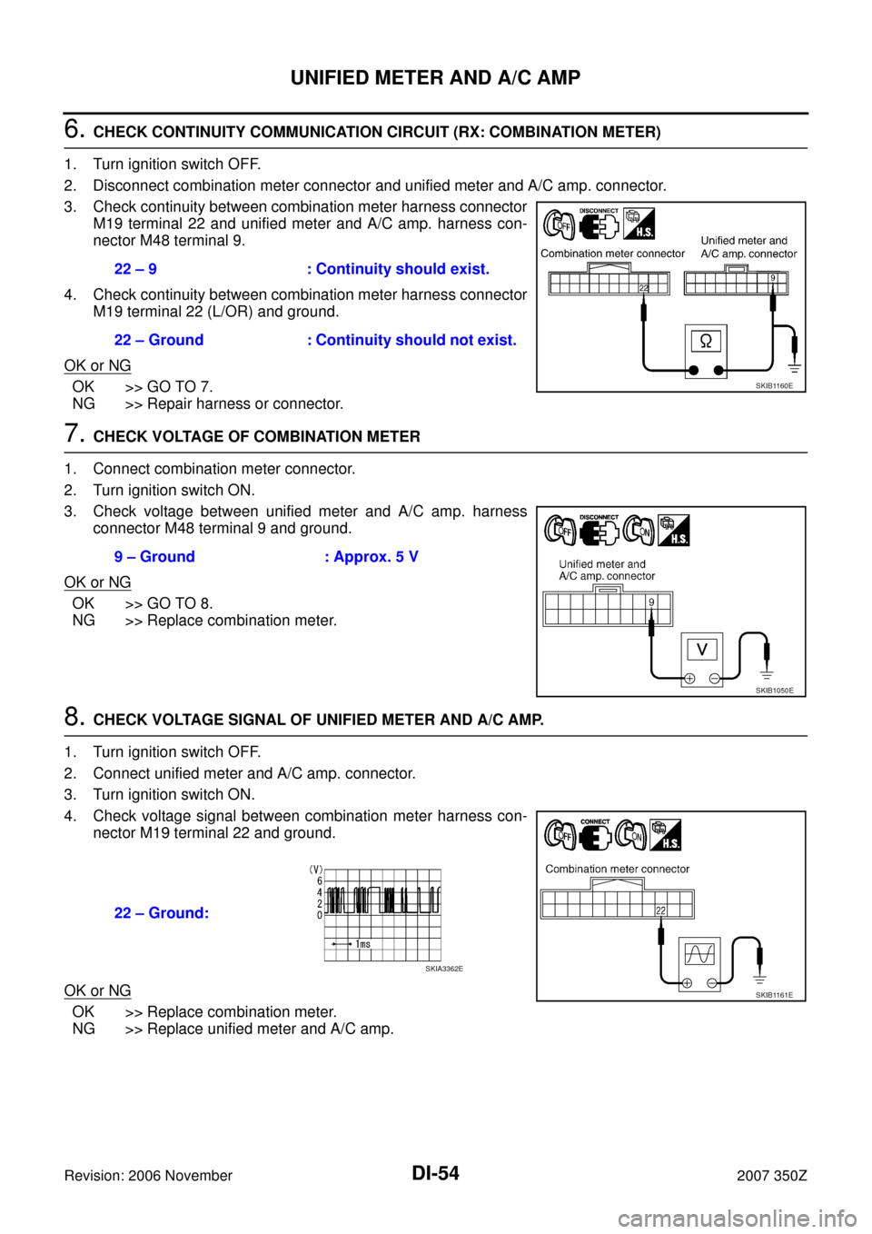 NISSAN 350Z 2007 Z33 Driver Information Manual DI-54
UNIFIED METER AND A/C AMP
Revision: 2006 November2007 350Z
6. CHECK CONTINUITY COMMUNICATION CIRCUIT (RX: COMBINATION METER)
1. Turn ignition switch OFF.
2. Disconnect combination meter connecto