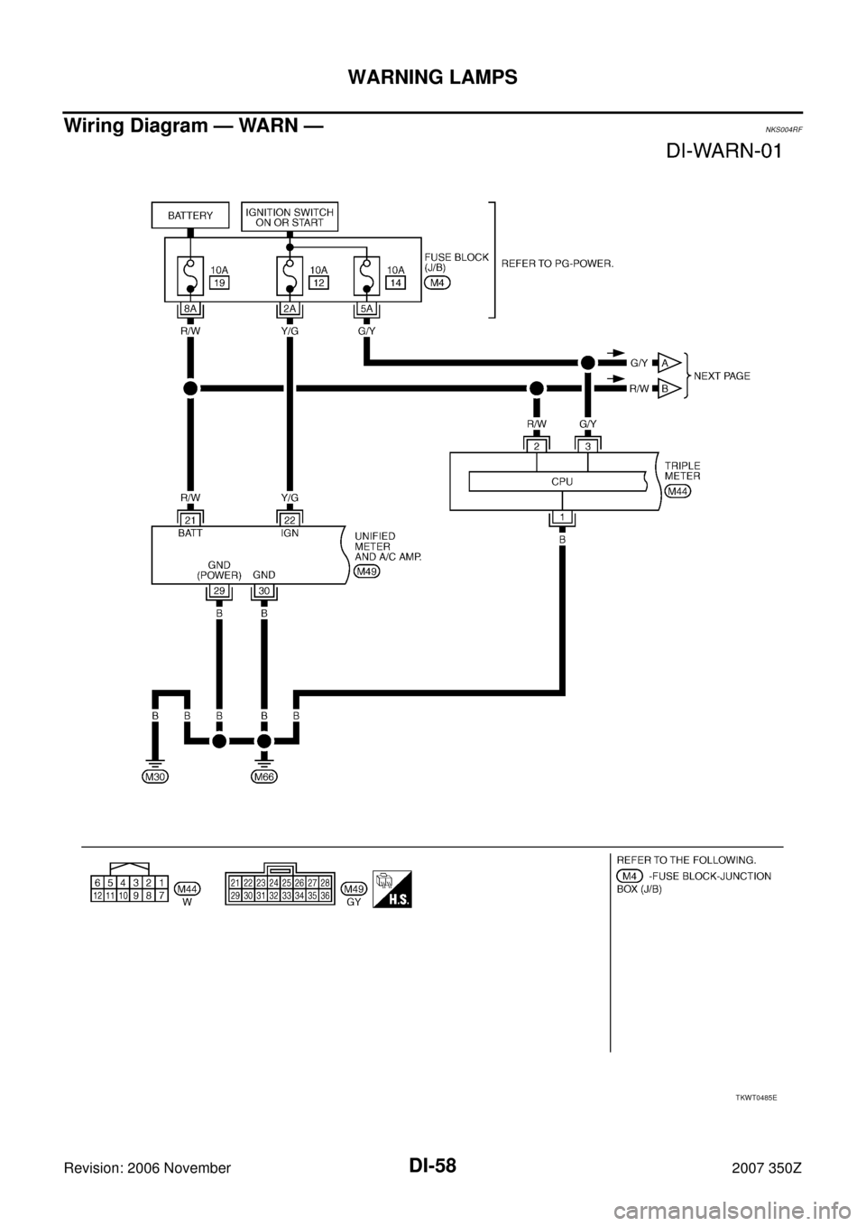 NISSAN 350Z 2007 Z33 Driver Information Manual DI-58
WARNING LAMPS
Revision: 2006 November2007 350Z
Wiring Diagram — WARN —NKS004RF
TKWT0485E 