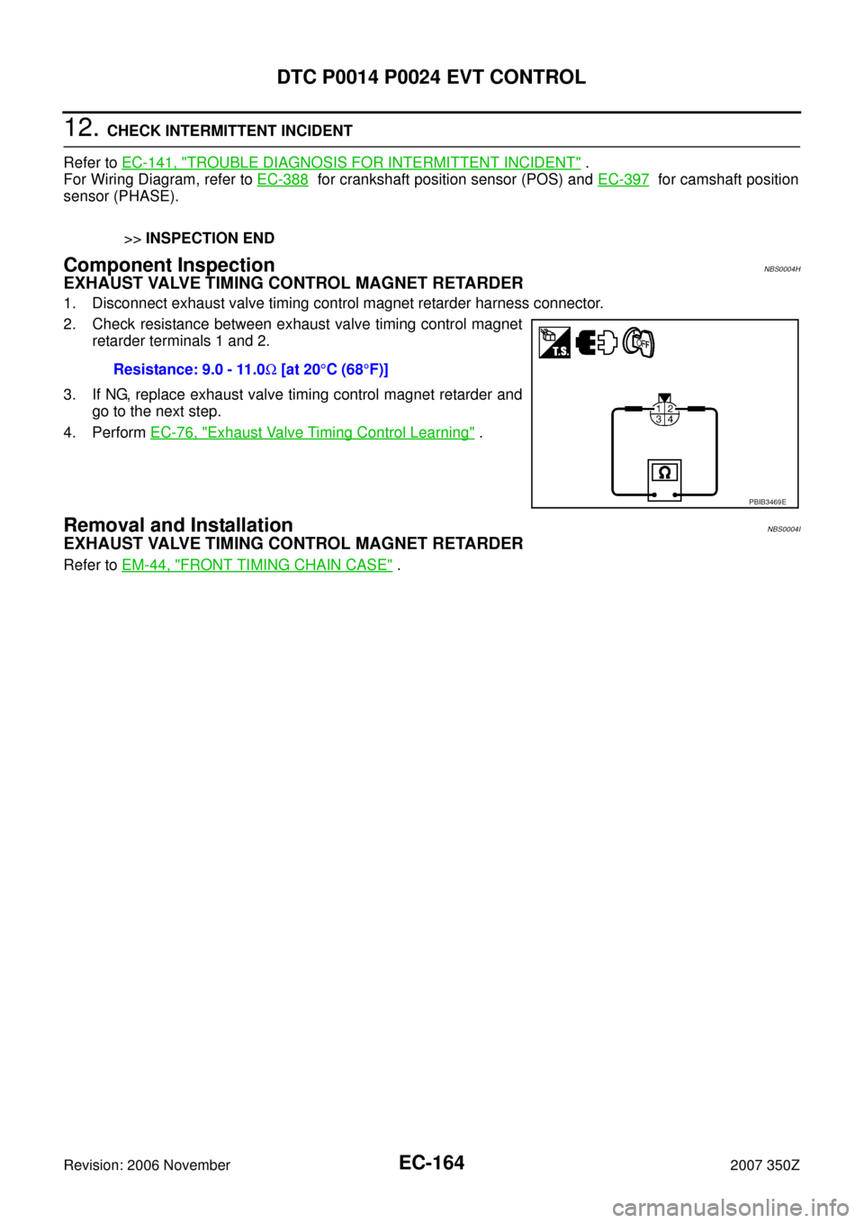 NISSAN 350Z 2007 Z33 Engine Control Workshop Manual EC-164
DTC P0014 P0024 EVT CONTROL
Revision: 2006 November2007 350Z
12. CHECK INTERMITTENT INCIDENT
Refer to EC-141, "
TROUBLE DIAGNOSIS FOR INTERMITTENT INCIDENT" .
For Wiring Diagram, refer to EC-38