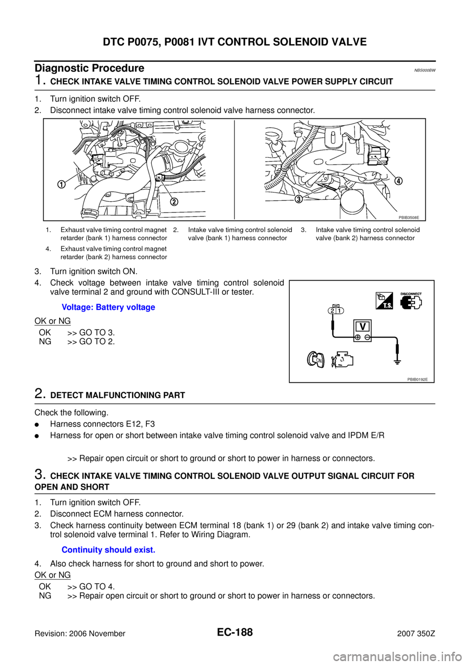 NISSAN 350Z 2007 Z33 Engine Control Owners Guide EC-188
DTC P0075, P0081 IVT CONTROL SOLENOID VALVE
Revision: 2006 November2007 350Z
Diagnostic ProcedureNBS000BW
1. CHECK INTAKE VALVE TIMING CONTROL SOLENOID VALVE POWER SUPPLY CIRCUIT
1. Turn igniti