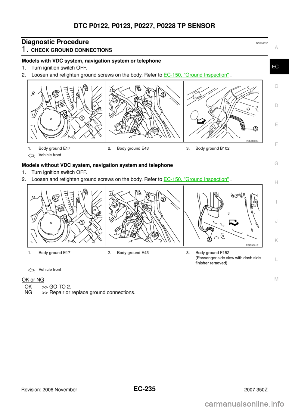 NISSAN 350Z 2007 Z33 Engine Control User Guide DTC P0122, P0123, P0227, P0228 TP SENSOR
EC-235
C
D
E
F
G
H
I
J
K
L
MA
EC
Revision: 2006 November2007 350Z
Diagnostic ProcedureNBS0005Z
1. CHECK GROUND CONNECTIONS
Models with VDC system, navigation s