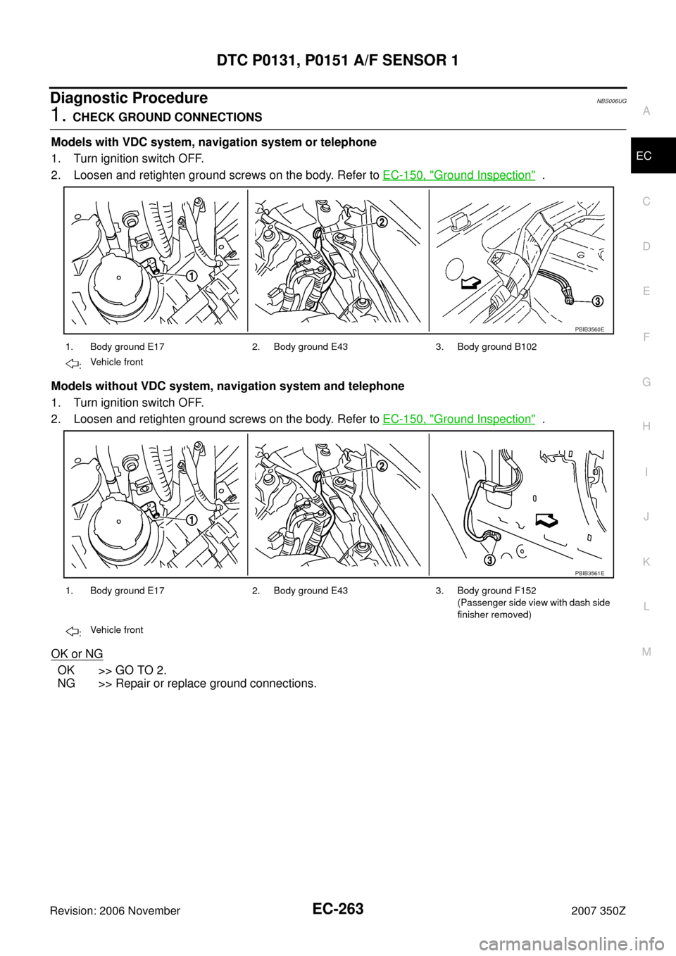 NISSAN 350Z 2007 Z33 Engine Control User Guide DTC P0131, P0151 A/F SENSOR 1
EC-263
C
D
E
F
G
H
I
J
K
L
MA
EC
Revision: 2006 November2007 350Z
Diagnostic ProcedureNBS006UG
1. CHECK GROUND CONNECTIONS
Models with VDC system, navigation system or te