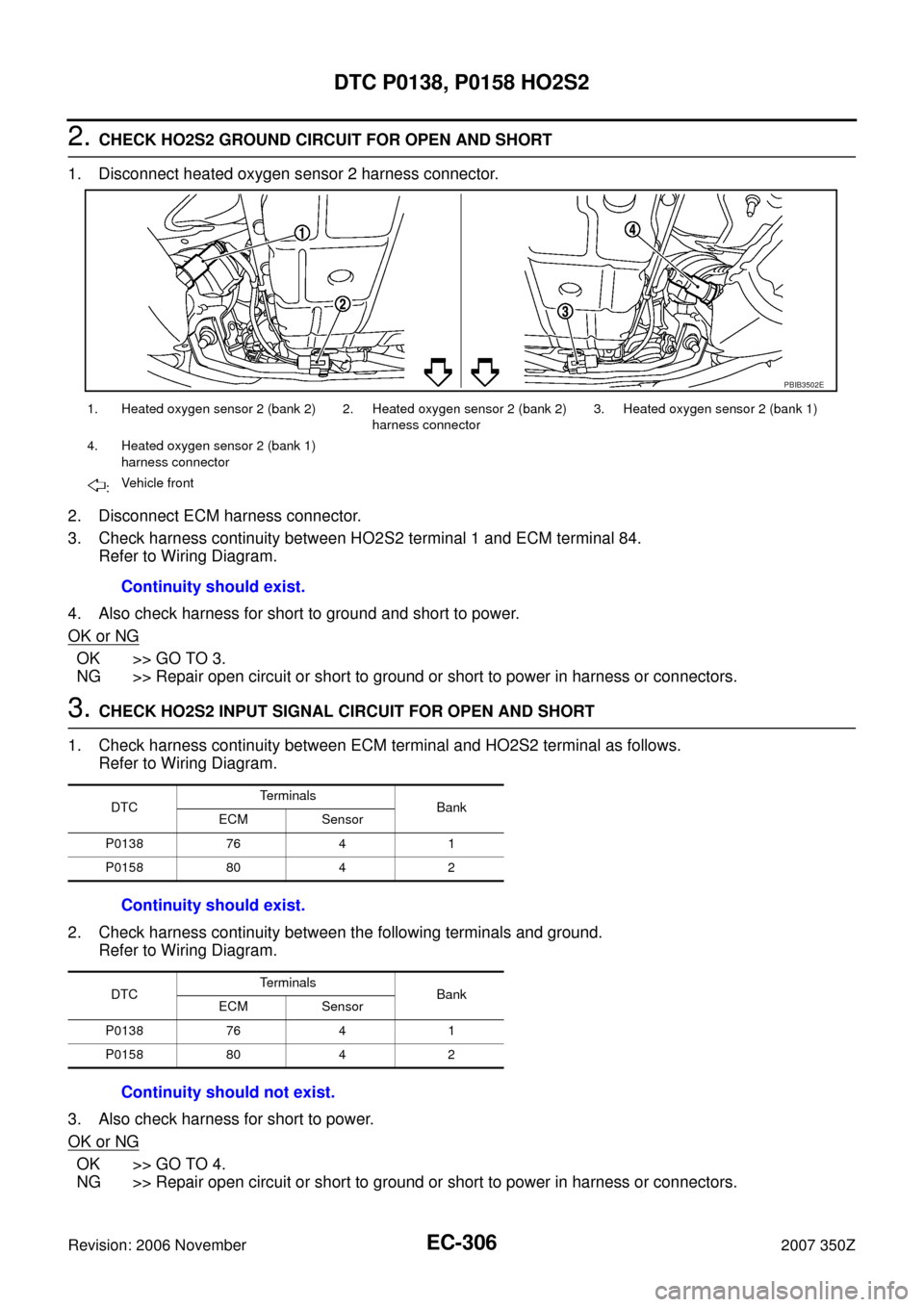 NISSAN 350Z 2007 Z33 Engine Control Service Manual EC-306
DTC P0138, P0158 HO2S2
Revision: 2006 November2007 350Z
2. CHECK HO2S2 GROUND CIRCUIT FOR OPEN AND SHORT
1. Disconnect heated oxygen sensor 2 harness connector.
2. Disconnect ECM harness connec