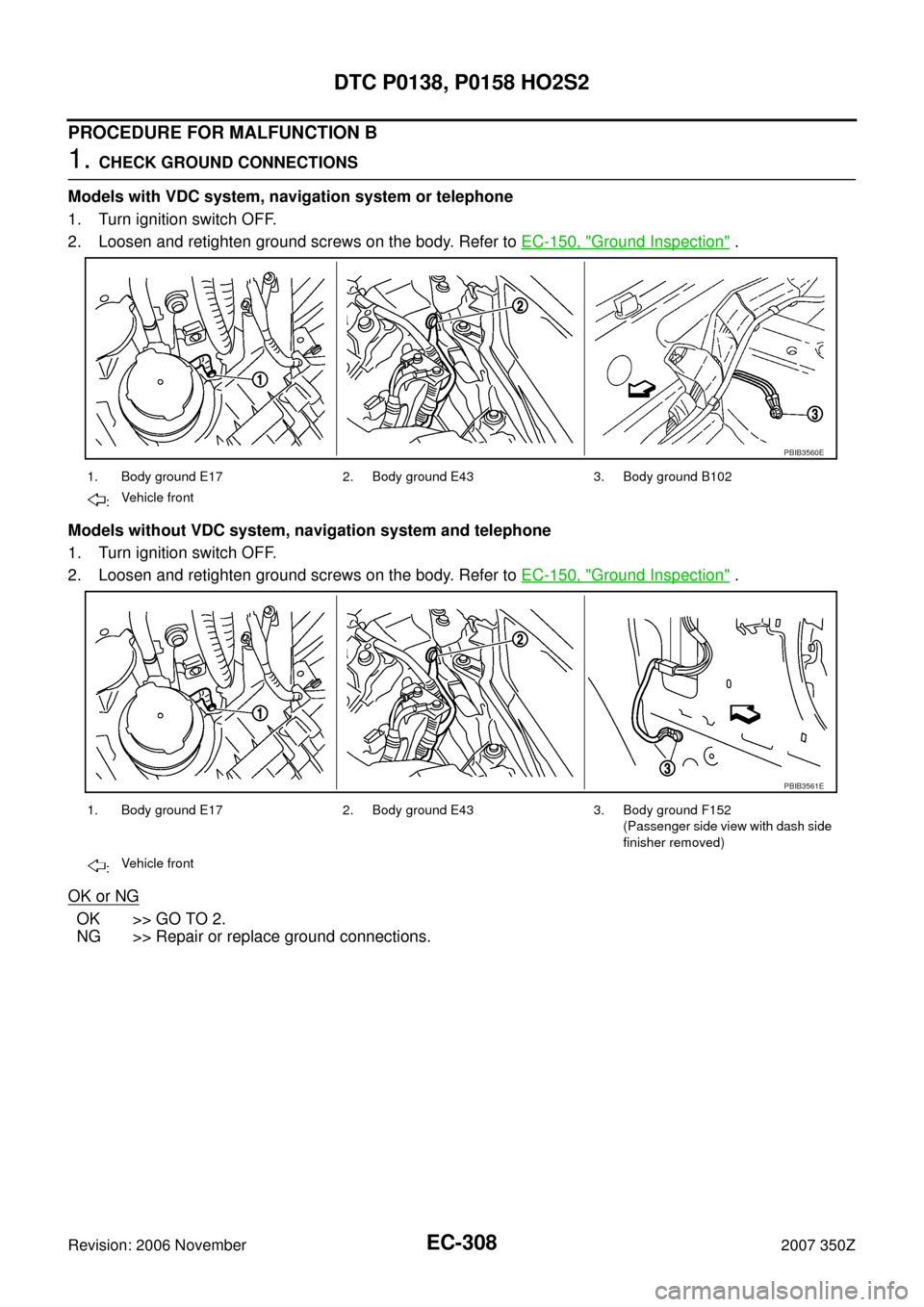 NISSAN 350Z 2007 Z33 Engine Control Owners Manual EC-308
DTC P0138, P0158 HO2S2
Revision: 2006 November2007 350Z
PROCEDURE FOR MALFUNCTION B
1. CHECK GROUND CONNECTIONS
Models with VDC system, navigation system or telephone
1. Turn ignition switch OF