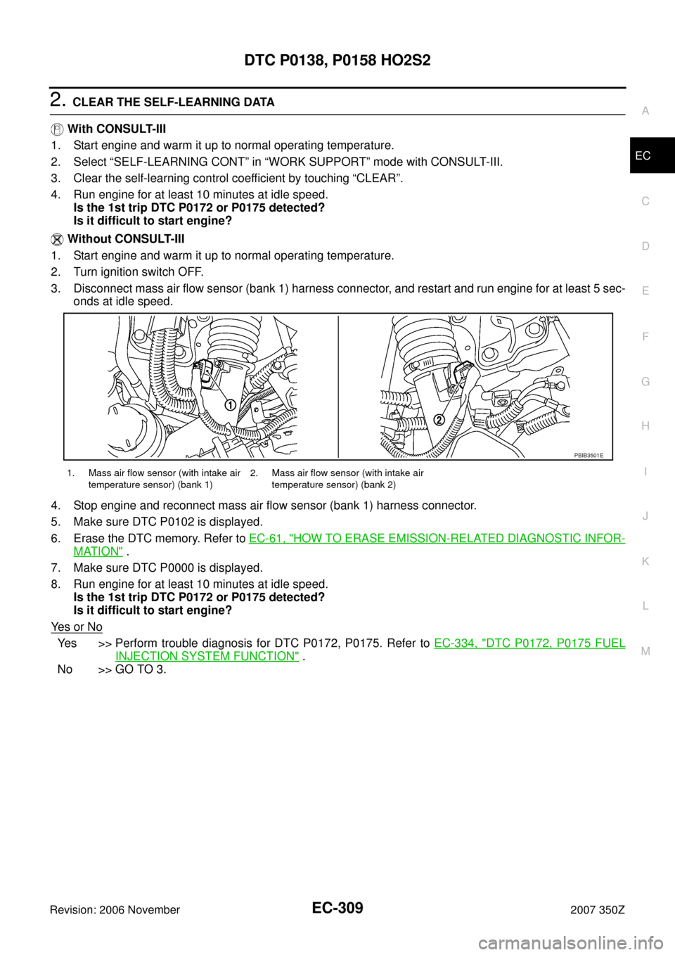 NISSAN 350Z 2007 Z33 Engine Control Service Manual DTC P0138, P0158 HO2S2
EC-309
C
D
E
F
G
H
I
J
K
L
MA
EC
Revision: 2006 November2007 350Z
2. CLEAR THE SELF-LEARNING DATA
 With CONSULT-III
1. Start engine and warm it up to normal operating temperatur