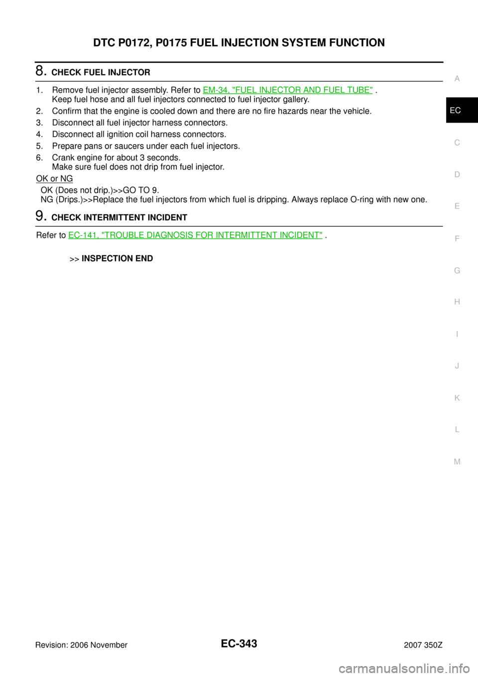 NISSAN 350Z 2007 Z33 Engine Control Workshop Manual DTC P0172, P0175 FUEL INJECTION SYSTEM FUNCTION
EC-343
C
D
E
F
G
H
I
J
K
L
MA
EC
Revision: 2006 November2007 350Z
8. CHECK FUEL INJECTOR
1. Remove fuel injector assembly. Refer to EM-34, "
FUEL INJECT