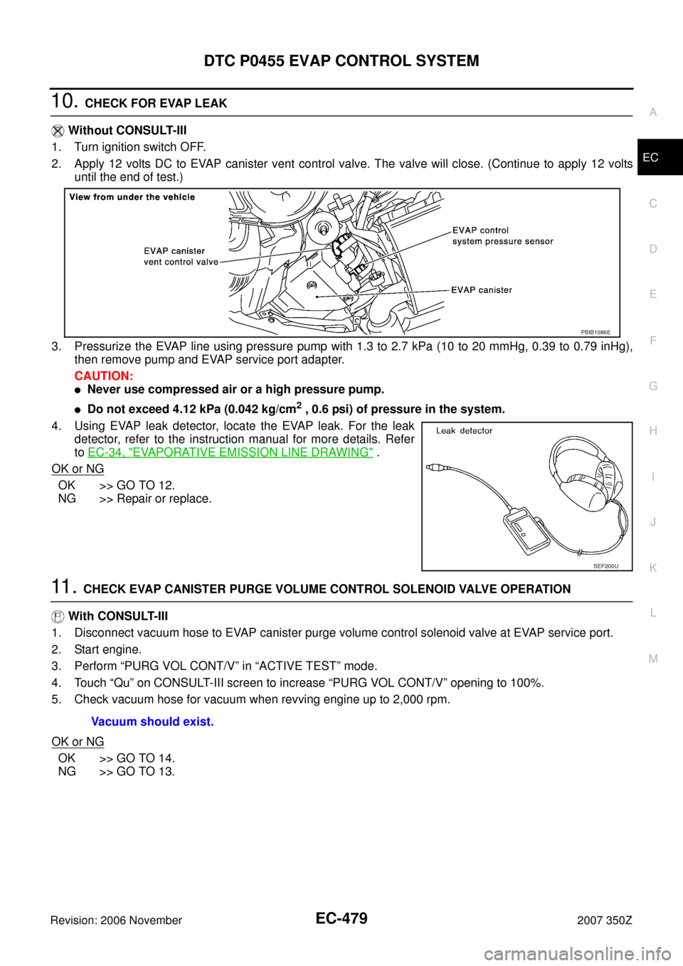 NISSAN 350Z 2007 Z33 Engine Control Workshop Manual DTC P0455 EVAP CONTROL SYSTEM
EC-479
C
D
E
F
G
H
I
J
K
L
MA
EC
Revision: 2006 November2007 350Z
10. CHECK FOR EVAP LEAK
 Without CONSULT-III
1. Turn ignition switch OFF.
2. Apply 12 volts DC to EVAP c