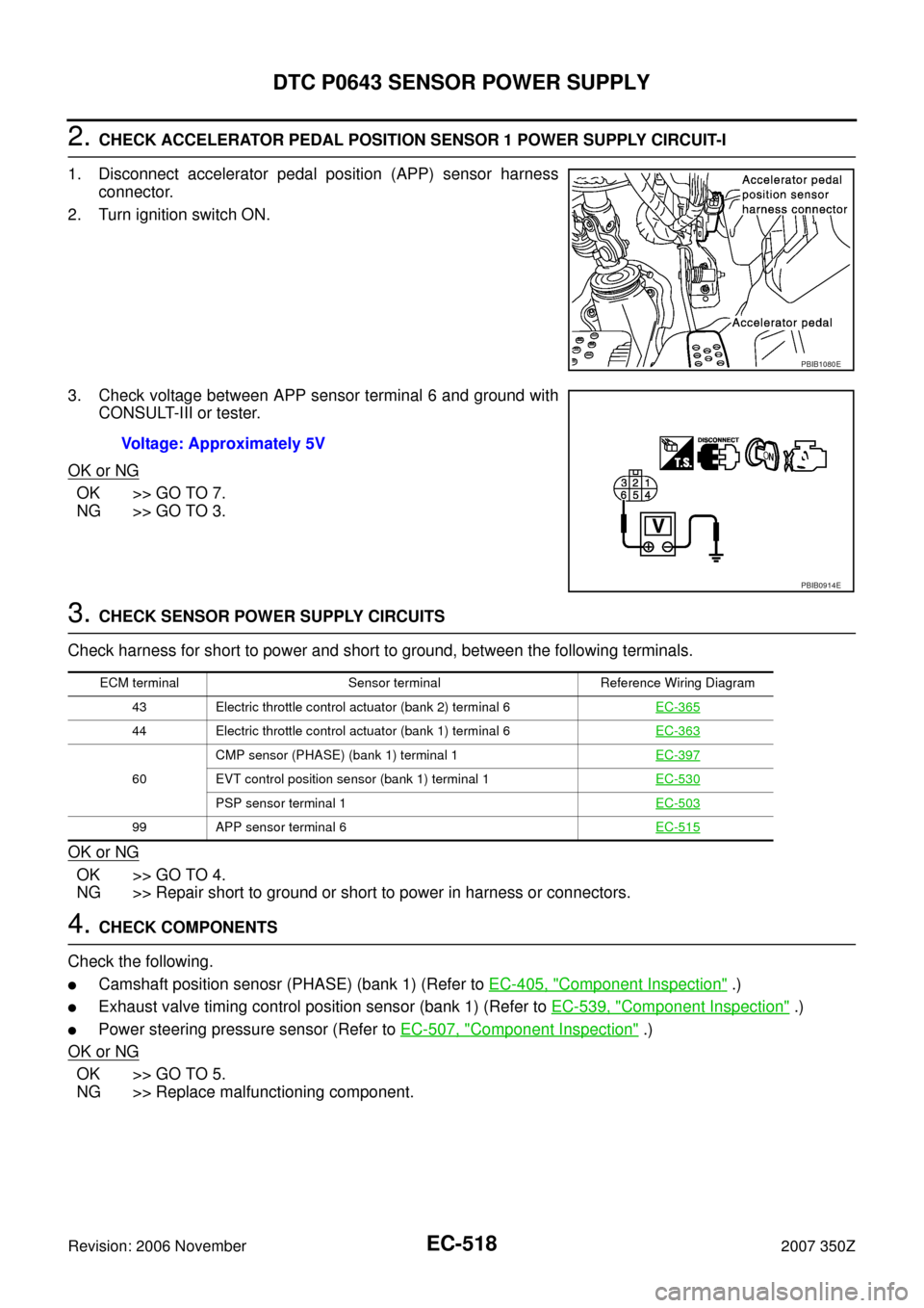 NISSAN 350Z 2007 Z33 Engine Control Owners Manual EC-518
DTC P0643 SENSOR POWER SUPPLY
Revision: 2006 November2007 350Z
2. CHECK ACCELERATOR PEDAL POSITION SENSOR 1 POWER SUPPLY CIRCUIT-I
1. Disconnect accelerator pedal position (APP) sensor harness
