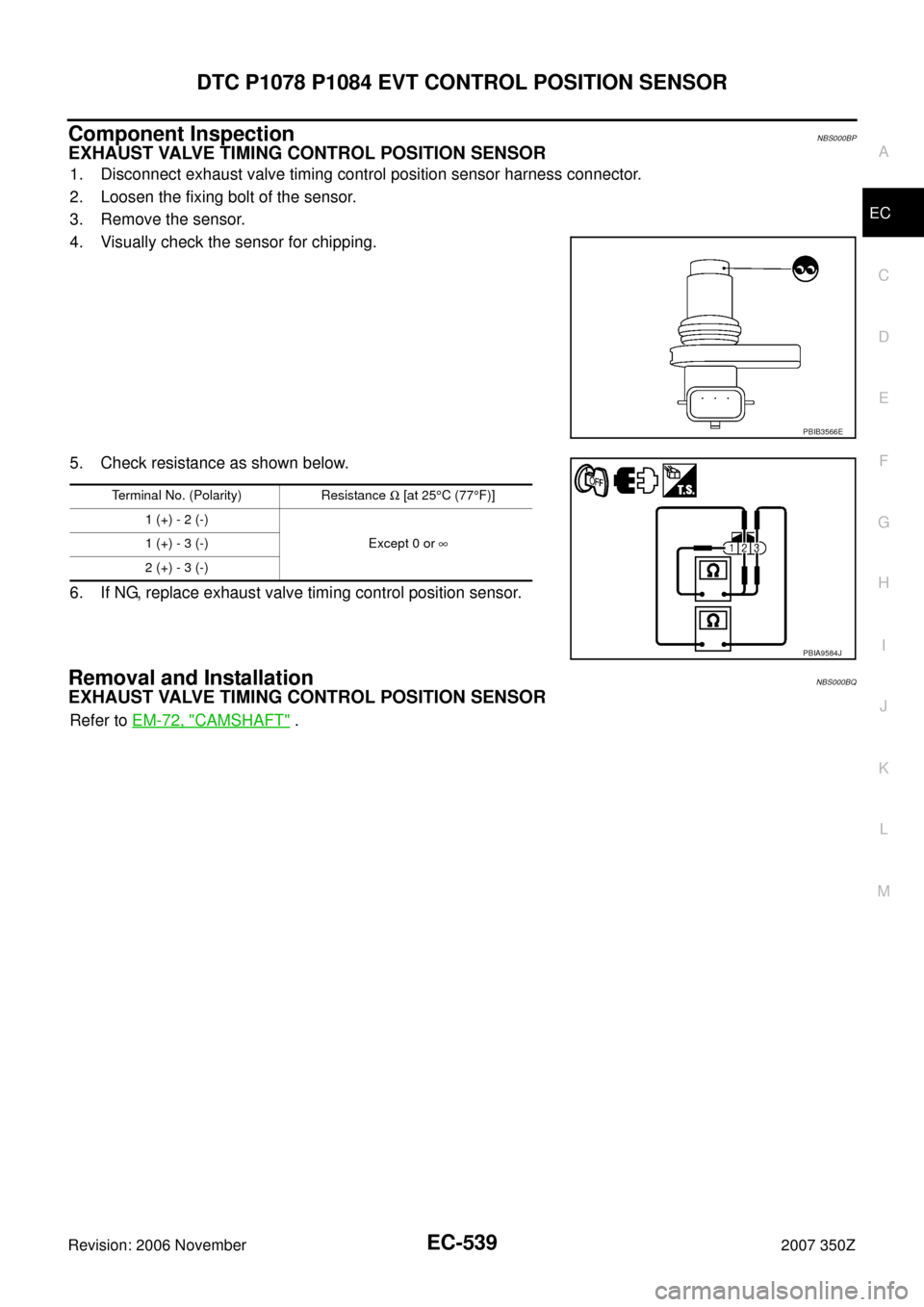 NISSAN 350Z 2007 Z33 Engine Control Workshop Manual DTC P1078 P1084 EVT CONTROL POSITION SENSOR
EC-539
C
D
E
F
G
H
I
J
K
L
MA
EC
Revision: 2006 November2007 350Z
Component InspectionNBS000BP
EXHAUST VALVE TIMING CONTROL POSITION SENSOR
1. Disconnect ex