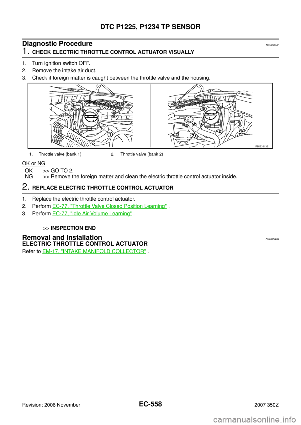 NISSAN 350Z 2007 Z33 Engine Control Workshop Manual EC-558
DTC P1225, P1234 TP SENSOR
Revision: 2006 November2007 350Z
Diagnostic ProcedureNBS000DP
1. CHECK ELECTRIC THROTTLE CONTROL ACTUATOR VISUALLY
1. Turn ignition switch OFF.
2. Remove the intake a