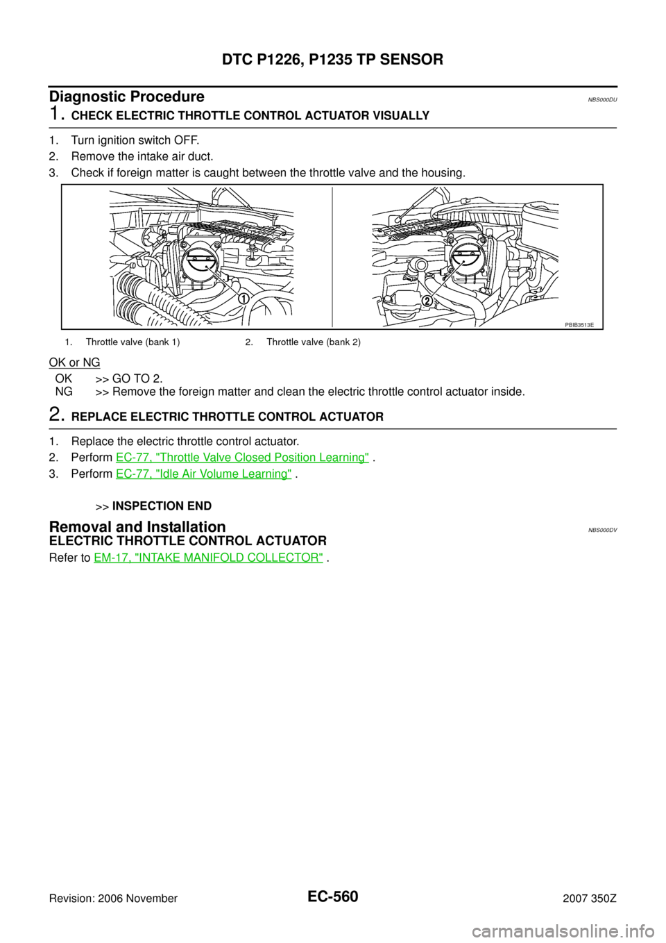 NISSAN 350Z 2007 Z33 Engine Control Workshop Manual EC-560
DTC P1226, P1235 TP SENSOR
Revision: 2006 November2007 350Z
Diagnostic ProcedureNBS000DU
1. CHECK ELECTRIC THROTTLE CONTROL ACTUATOR VISUALLY
1. Turn ignition switch OFF.
2. Remove the intake a