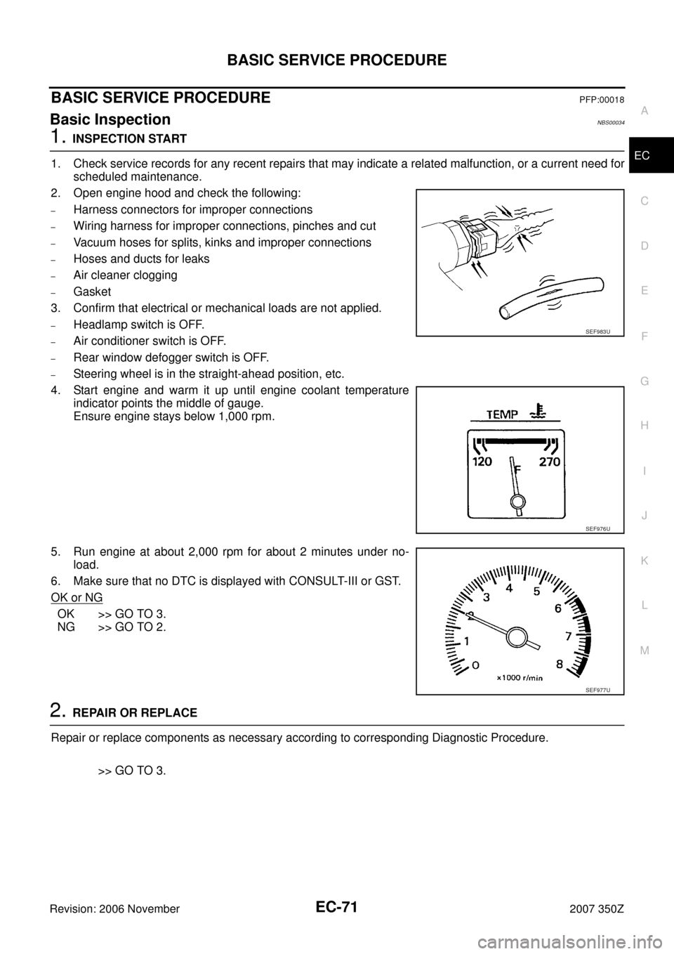 NISSAN 350Z 2007 Z33 Engine Control Manual PDF BASIC SERVICE PROCEDURE
EC-71
C
D
E
F
G
H
I
J
K
L
MA
EC
Revision: 2006 November2007 350Z
BASIC SERVICE PROCEDUREPFP:00018
Basic InspectionNBS00034
1. INSPECTION START
1. Check service records for any 