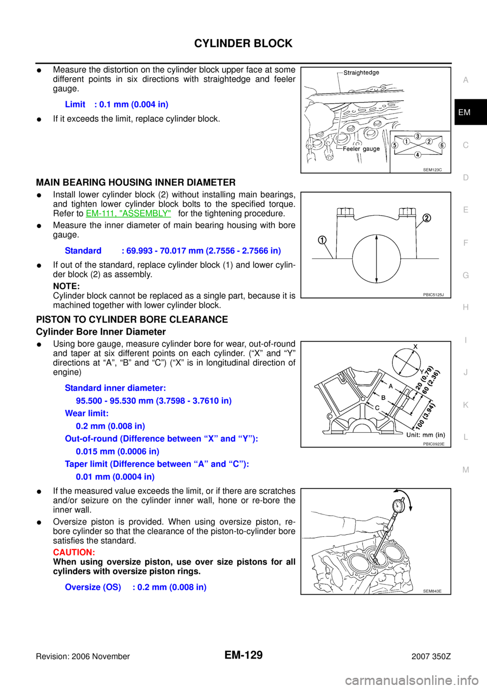 NISSAN 350Z 2007 Z33 Engine Mechanical Workshop Manual CYLINDER BLOCK
EM-129
C
D
E
F
G
H
I
J
K
L
MA
EM
Revision: 2006 November2007 350Z
Measure the distortion on the cylinder block upper face at some
different points in six directions with straightedge a