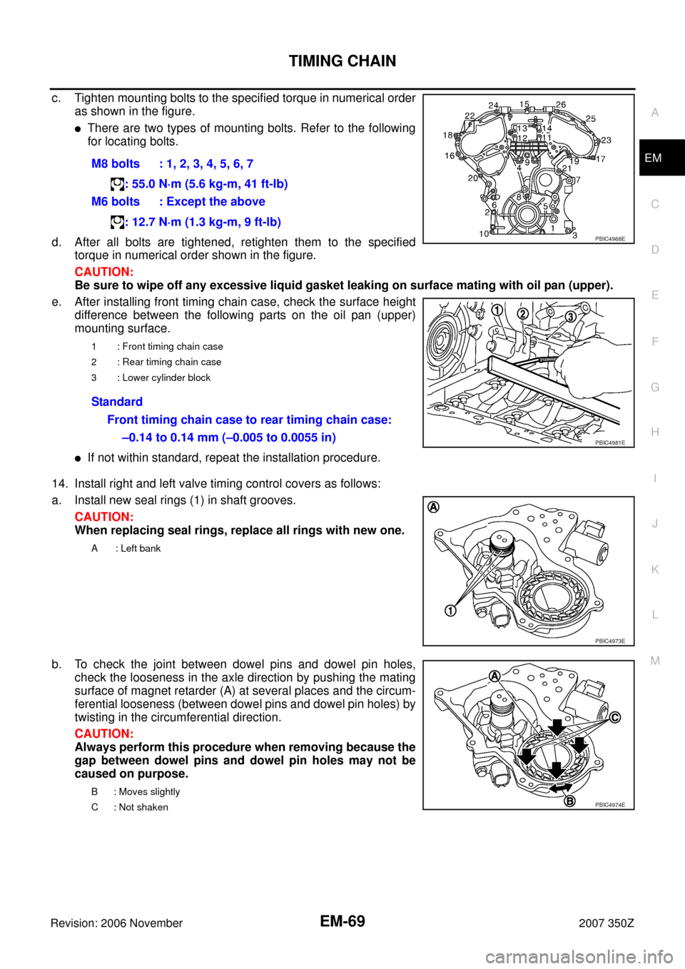 NISSAN 350Z 2007 Z33 Engine Mechanical Workshop Manual TIMING CHAIN
EM-69
C
D
E
F
G
H
I
J
K
L
MA
EM
Revision: 2006 November2007 350Z
c. Tighten mounting bolts to the specified torque in numerical order
as shown in the figure.
There are two types of mount