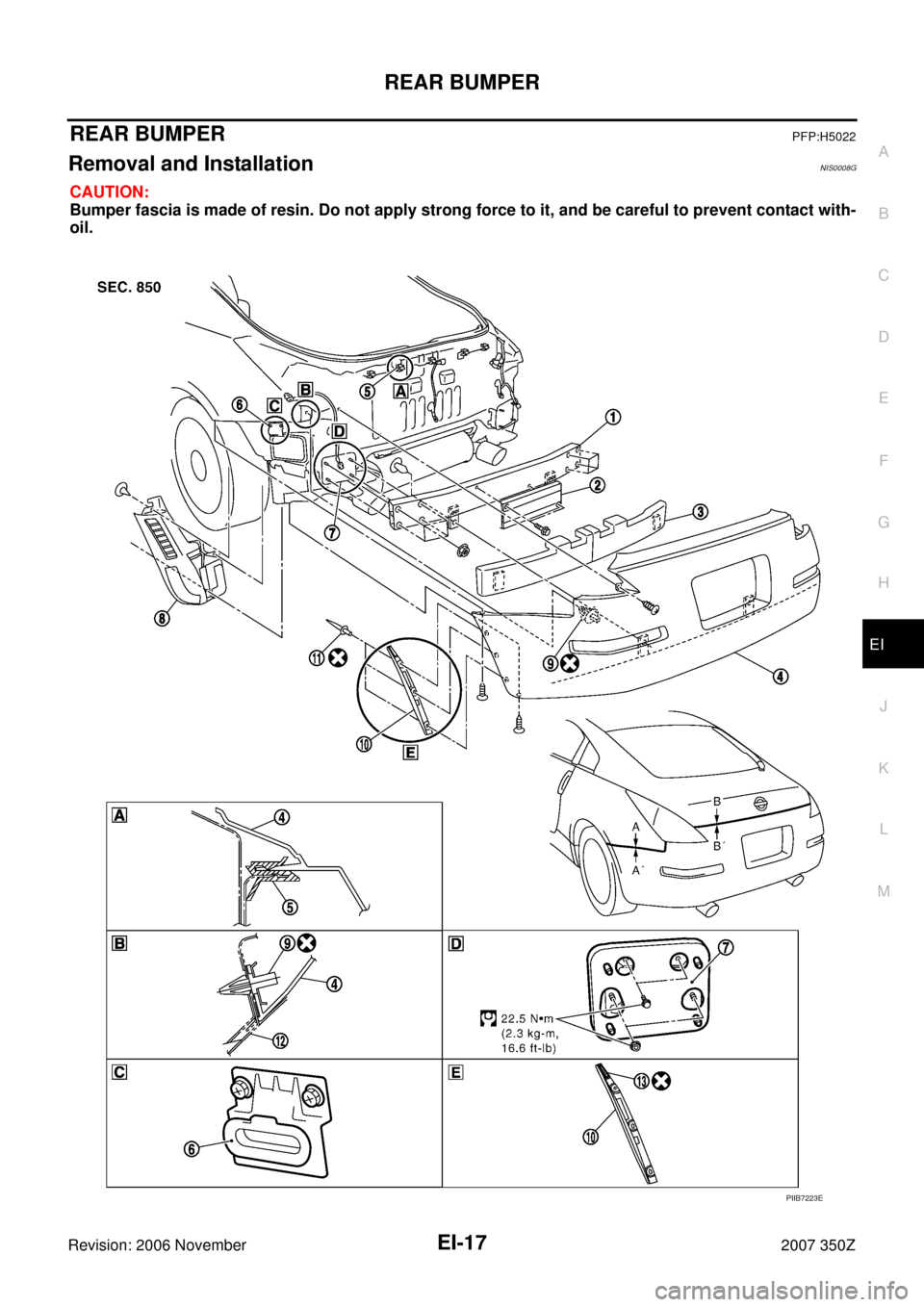 NISSAN 350Z 2007 Z33 Exterior And Interior User Guide REAR BUMPER
EI-17
C
D
E
F
G
H
J
K
L
MA
B
EI
Revision: 2006 November2007 350Z
REAR BUMPERPFP:H5022
Removal and InstallationNIS0008G
CAUTION:
Bumper fascia is made of resin. Do not apply strong force to