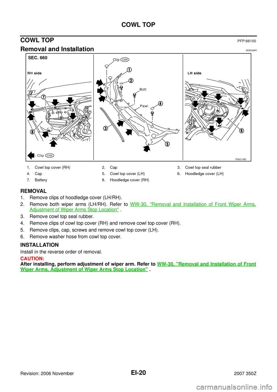 NISSAN 350Z 2007 Z33 Exterior And Interior User Guide EI-20
COWL TOP
Revision: 2006 November2007 350Z
COWL TOPPFP:66100
Removal and InstallationNIS0008H
REMOVAL
1. Remove clips of hoodledge cover (LH/RH).
2. Remove both wiper arms (LH/RH). Refer to WW-30